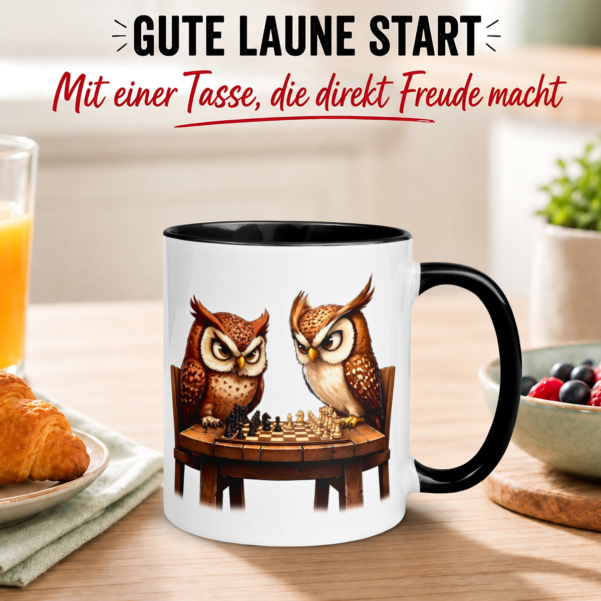 Tasse Eule – „Schachduell“ – lustiger Eulen Geschenk Becher für Schachspieler