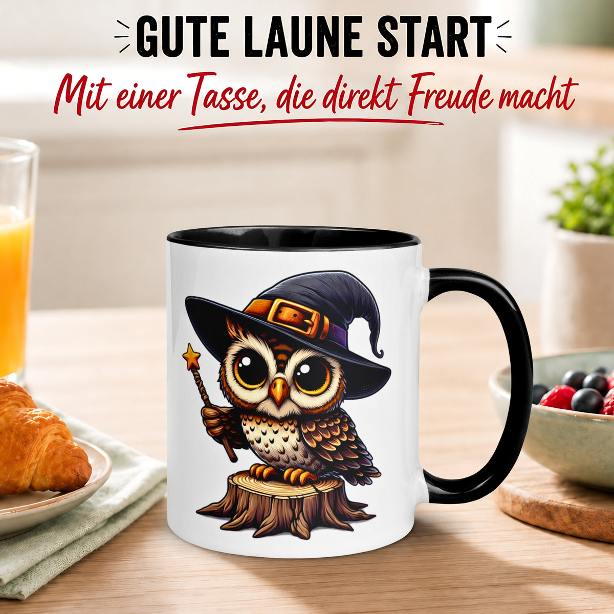 Tasse Eule – „Zauberstab“ – lustiger Eulen Geschenk Becher für Zauberer