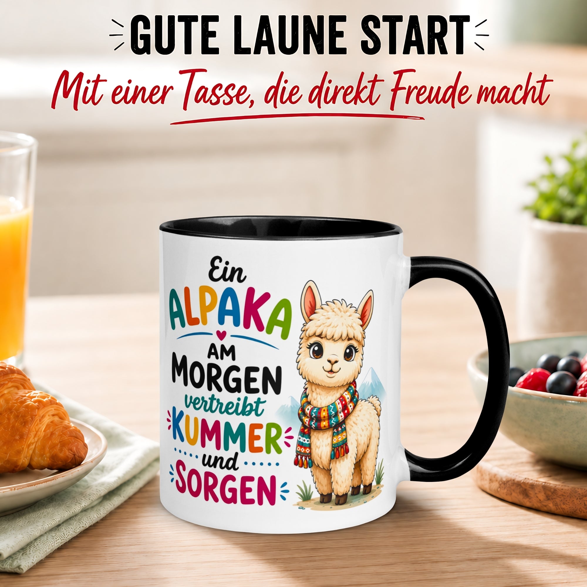 Tasse Alpaka– „Ein Alpaka am Morgen vertreibt Kummer und Sorgen“ – Geschenk Becher