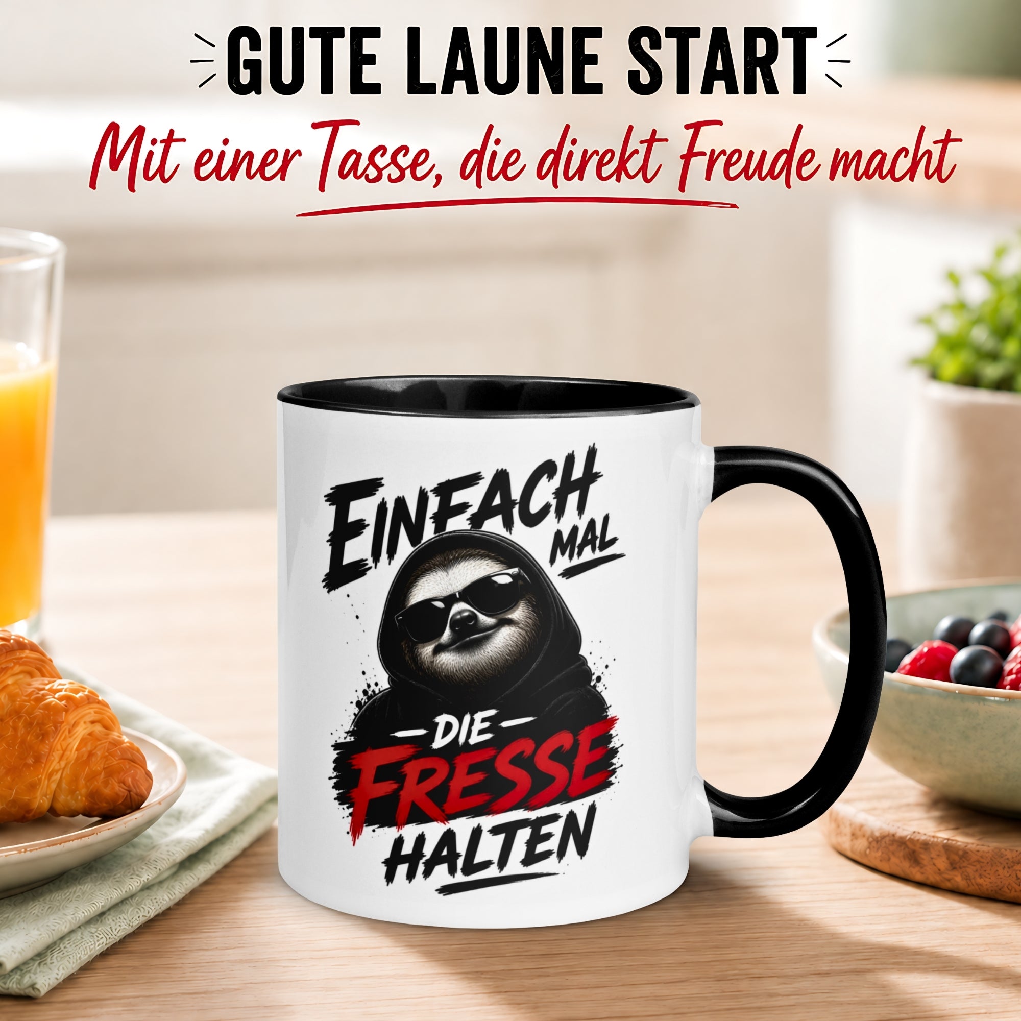 Tasse Faultier – „Einfach mal die Fresse halten“ – lustiger Morgenmuffel Becher