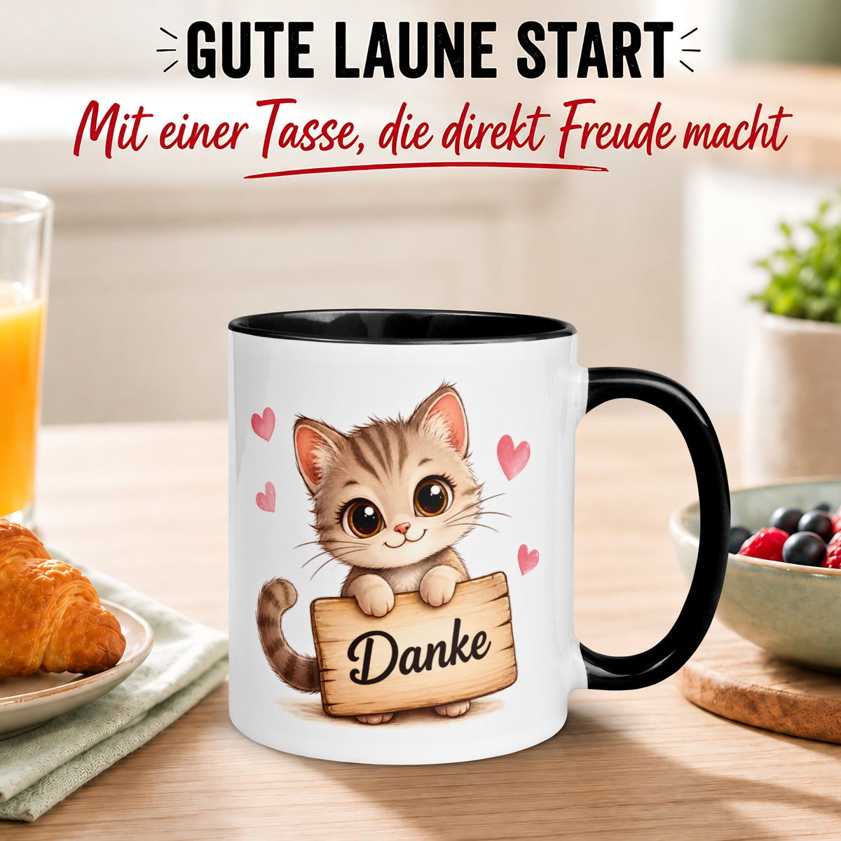 Tasse Danke – „Katze mit Danke Schild“ – Dankeschön Geschenke
