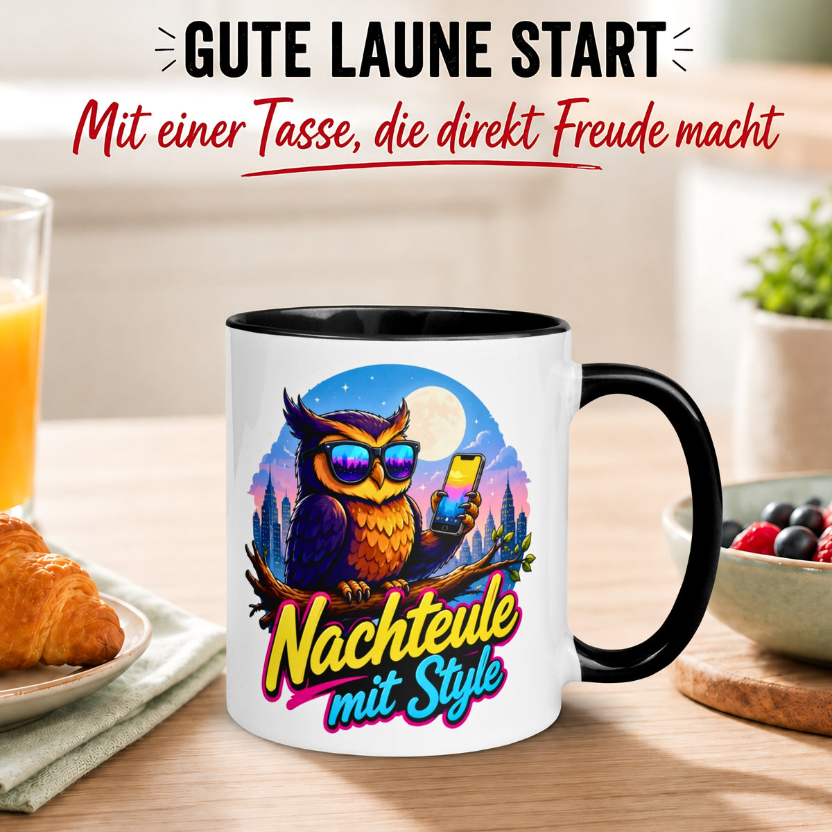Tasse Eule – „Nachteule mit Style“ – lustiger Eulen Geschenk Becher für Nachtschwärmer