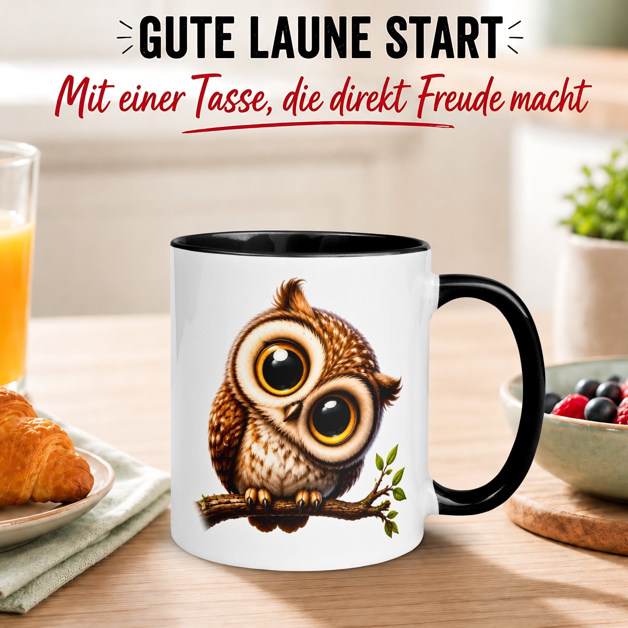 Tasse Eule – „Eule mit großen Augen“ – lustiger Eulen Geschenk Becher