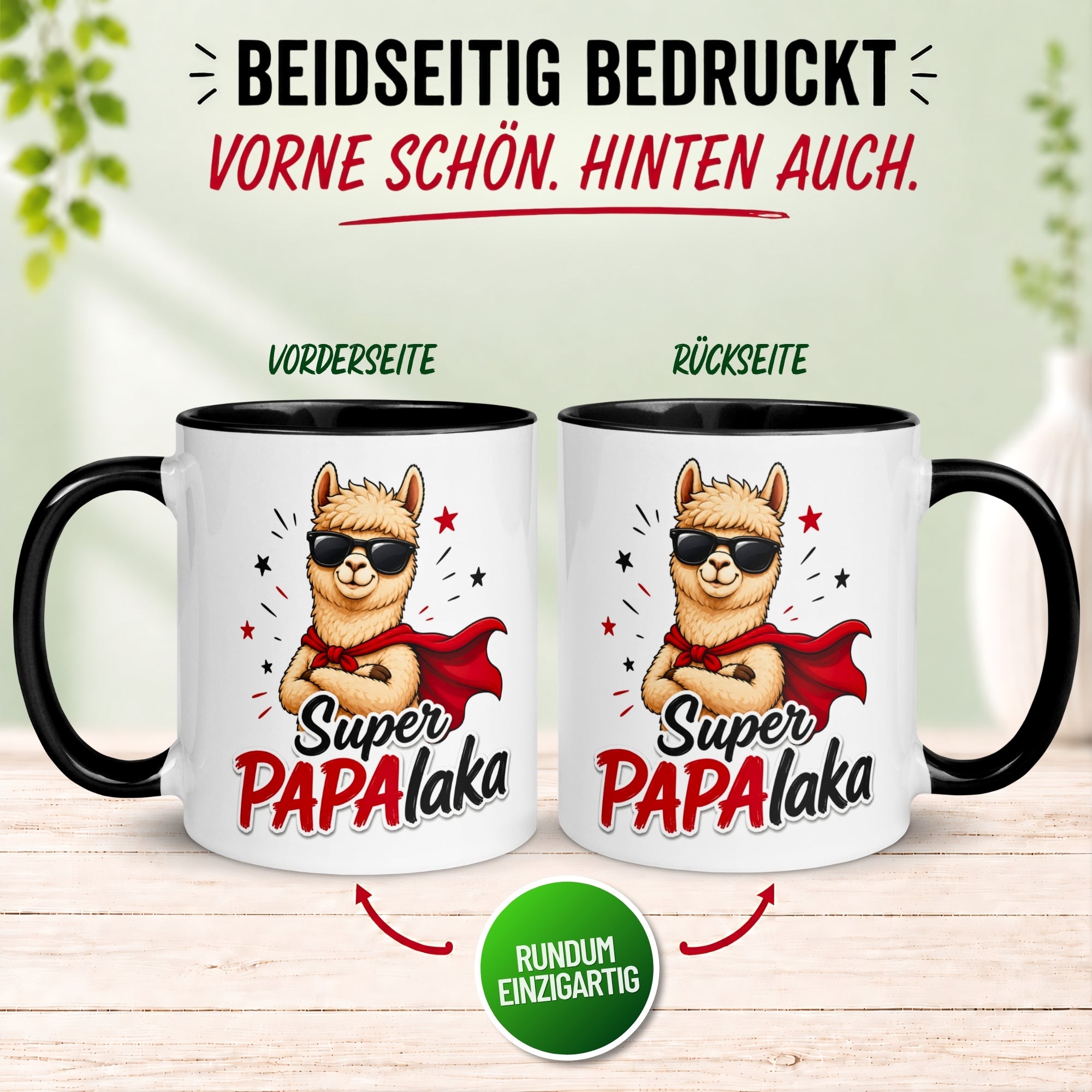 Tasse Alpaka – „Super PAPAlaka“ – lustiger Geschenk Becher für Superhelden Fans