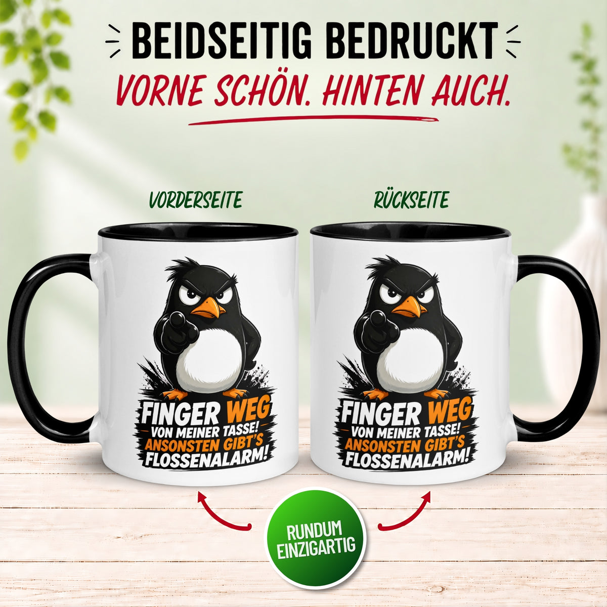 Tasse Pinguin – „Finger weg - Ansonsten Flossenalarm“ – lustiges Morgenmuffel Geschenk