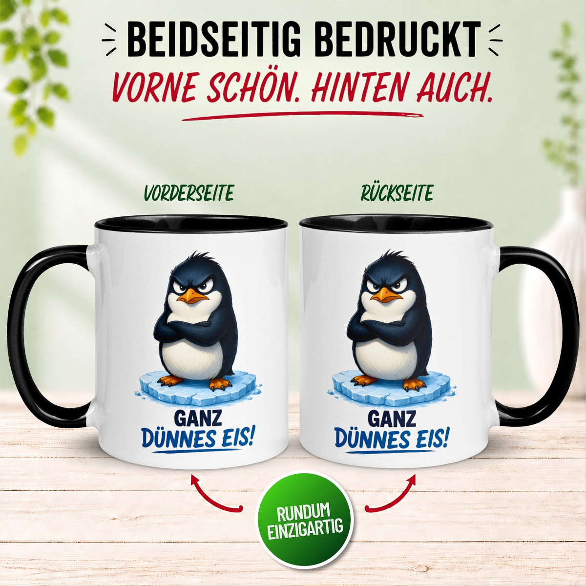 Tasse Pinguin – „Ganz dünnes Eis“ – lustiger Geschenk Becher für Morgenmuffel