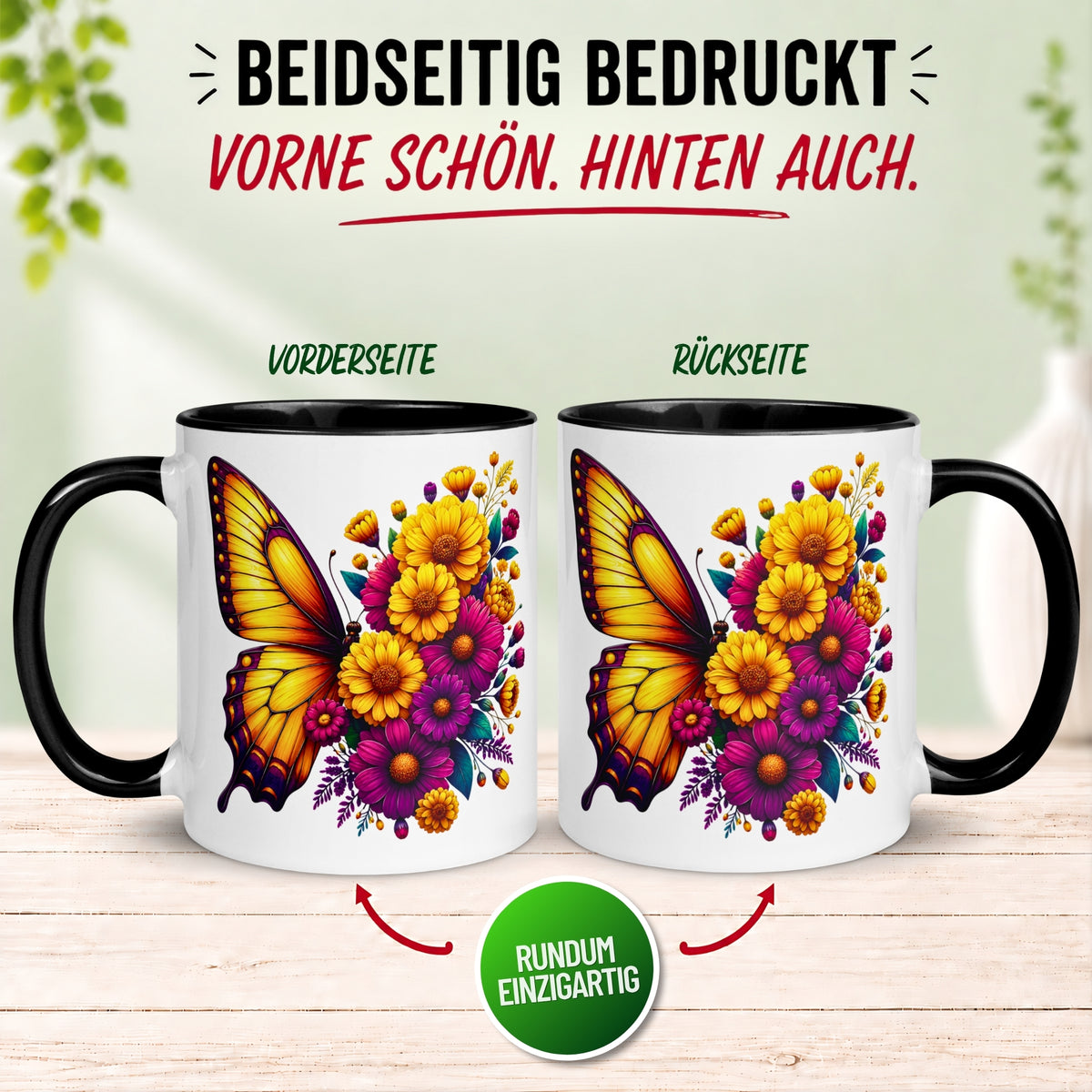 Tasse Schmetterling – „Blütendesign in Gelb“ – Geschenk mit Schmetterlingen