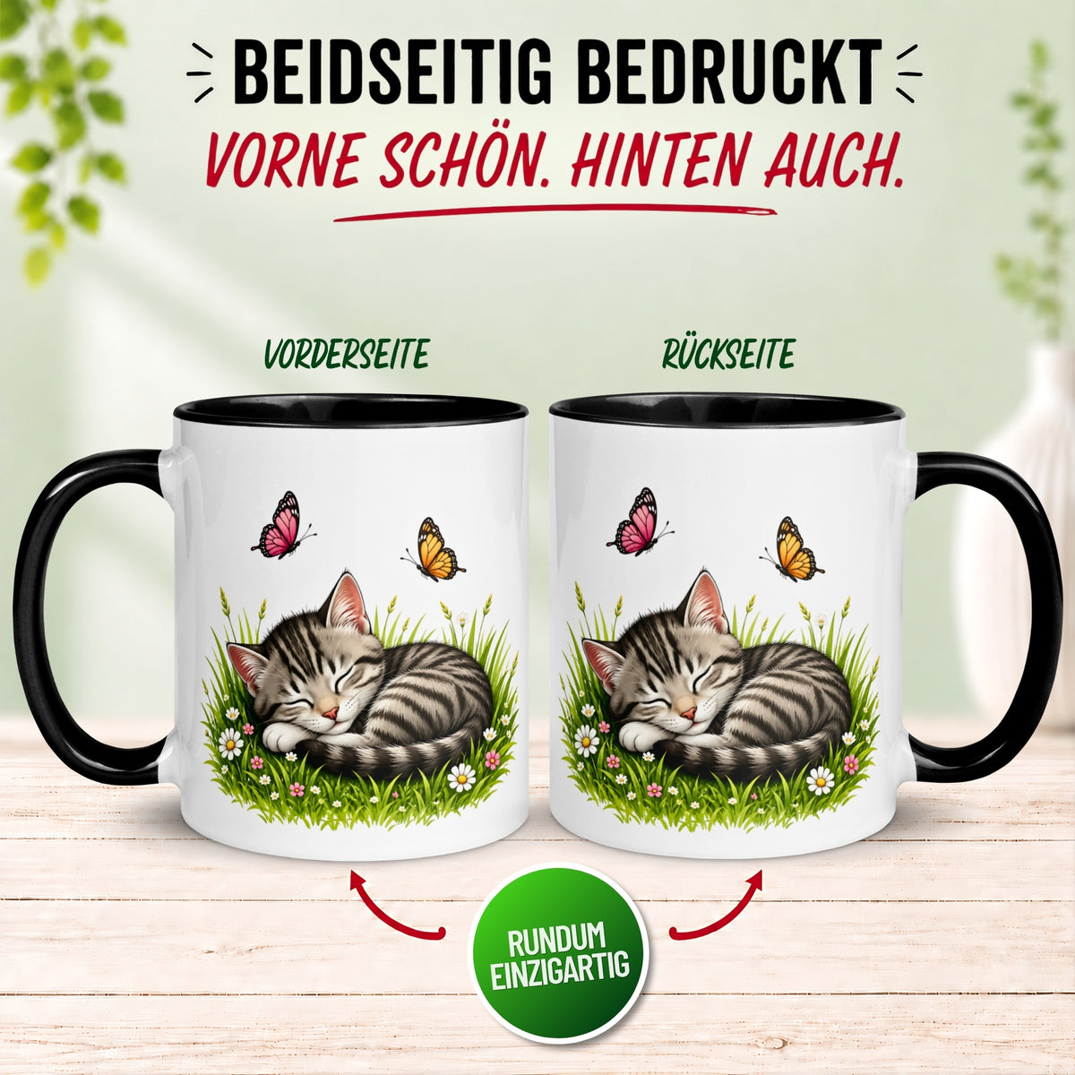 Tasse Katze – „Schlafende Katze mit Schmetterlingen“ – lustiger Katzen Geschenk Becher