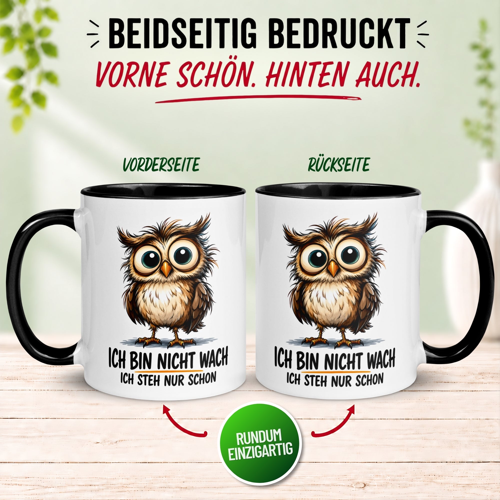 Tasse Eule – „Ich bin nicht wach“ – lustiger Eulen Geschenk Becher für Morgenmuffel