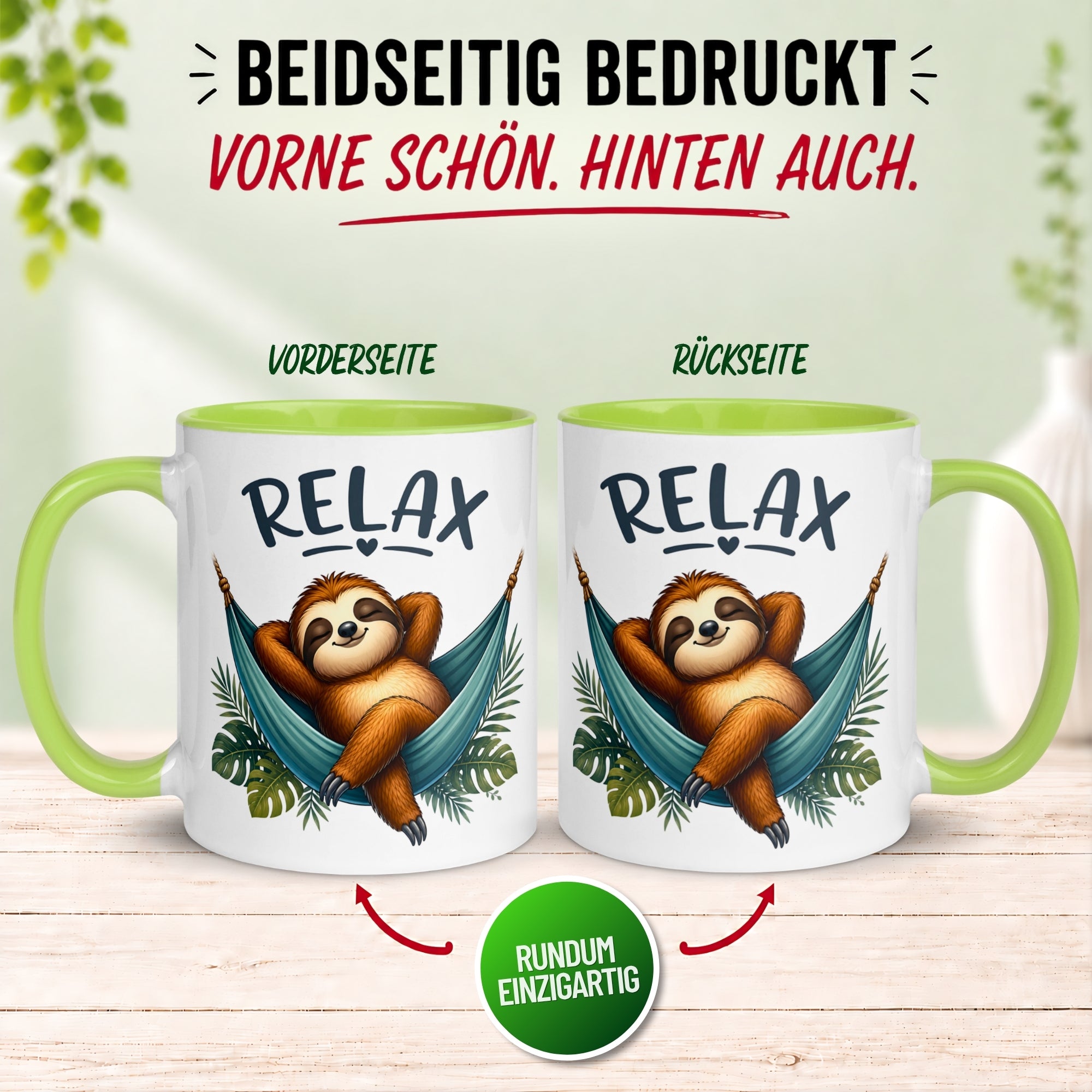 Tasse Faultier – „RELAX“ – lustiger Anti Stress Geschenk Becher zur Meditation