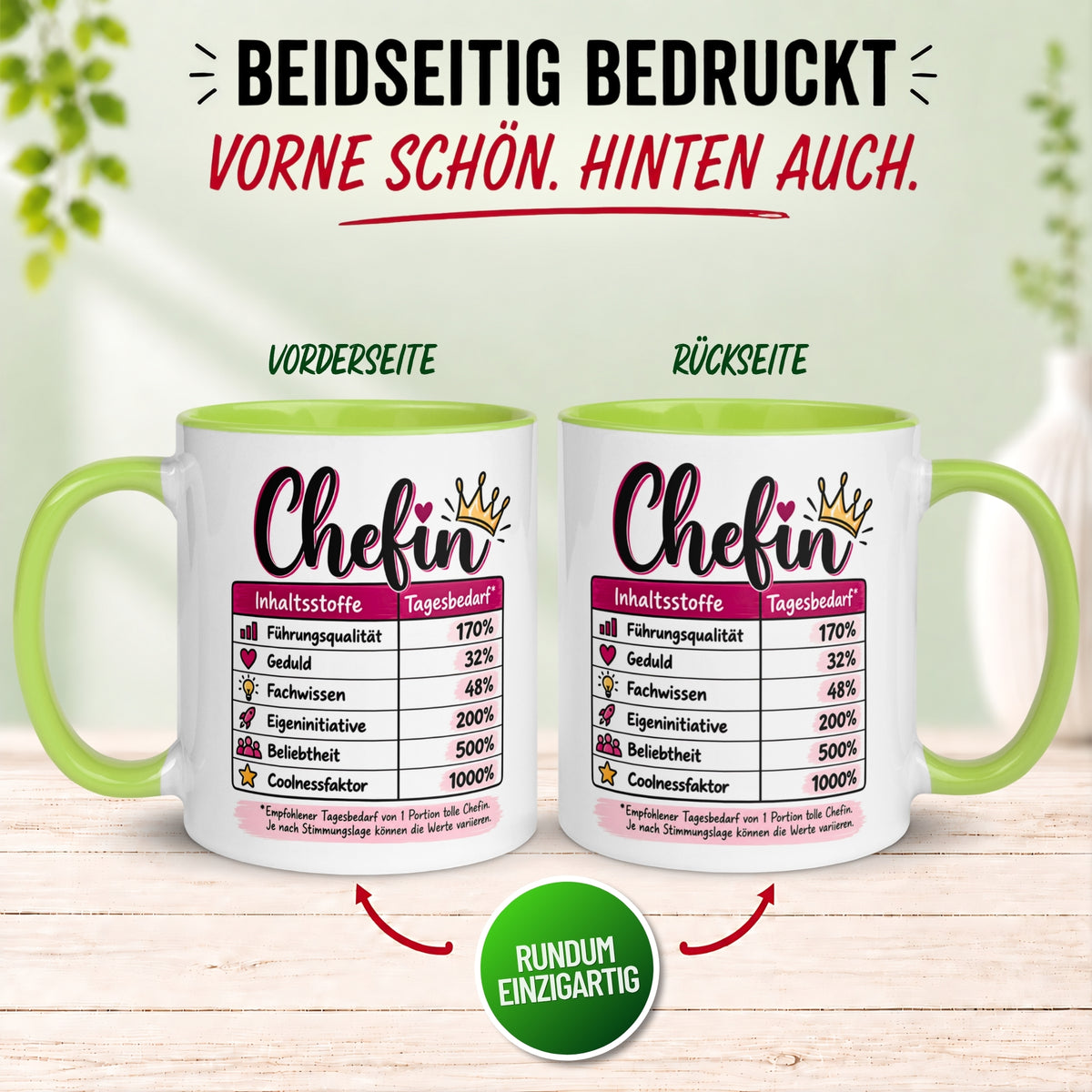 Tasse Chefin – „Inhaltsstoffe - Führungsqualität und Coolness“ – Geschenk Beste Chefin