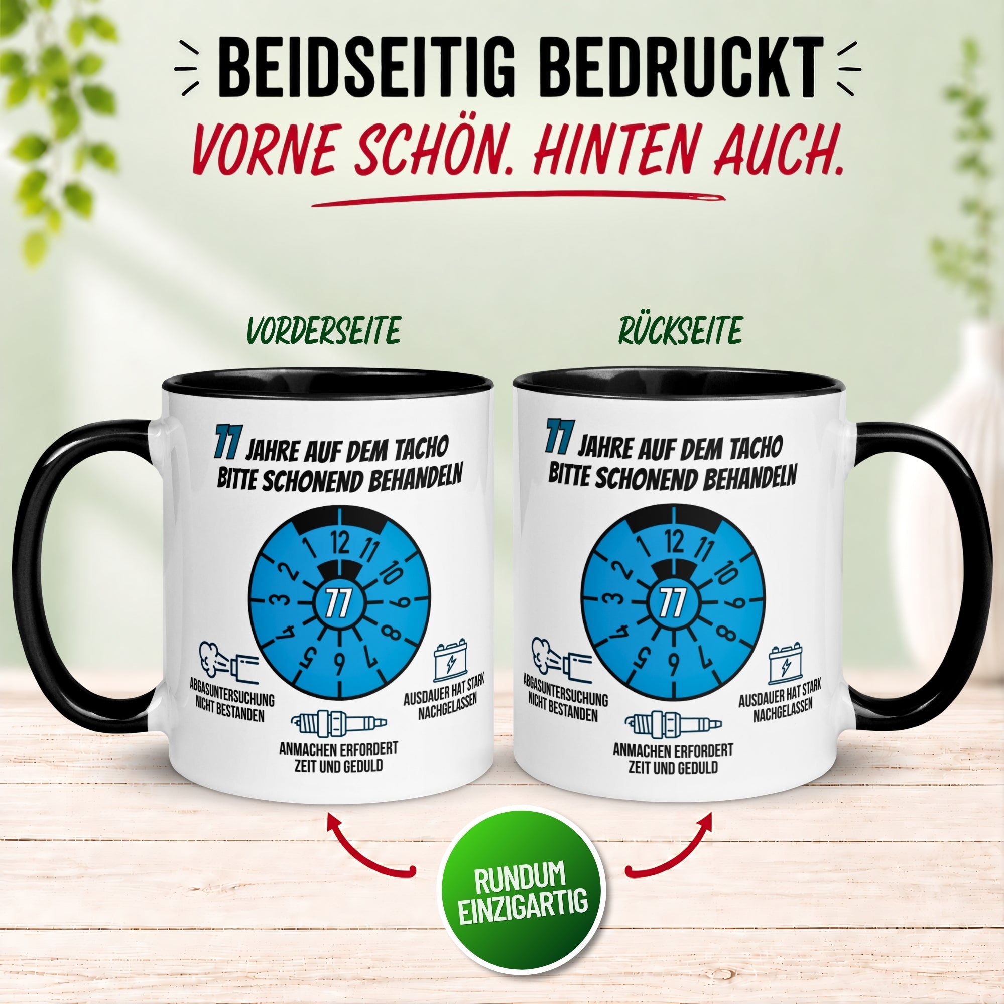 Tasse 77. Geburtstag Mann – „77 Jahre auf dem Tacho - Schonend Behandeln“ – Geschenk zum Geburtstag für Männer