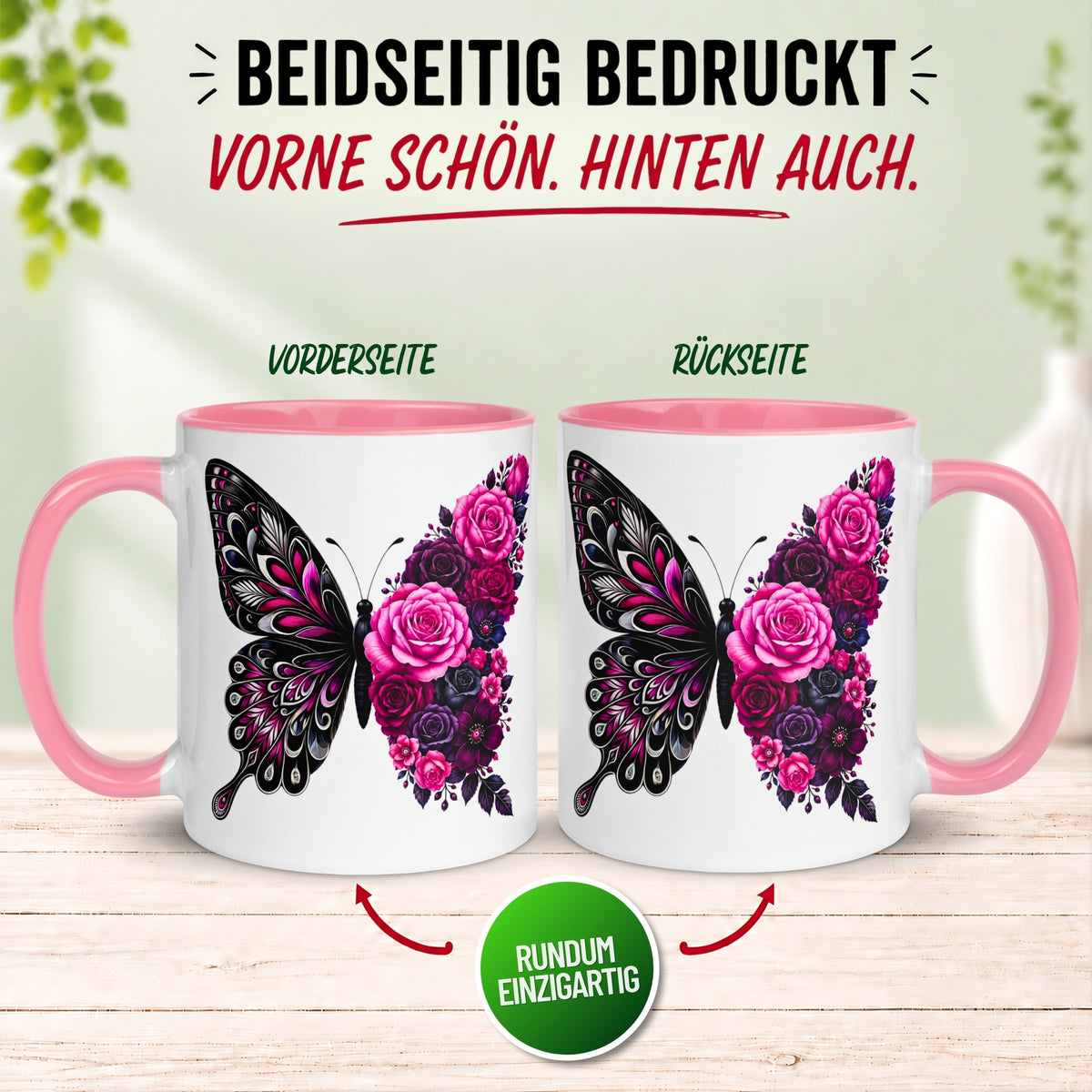 Tasse Schmetterling – „Schwarzes Blütendesign“ – Geschenk mit Schmetterlingen
