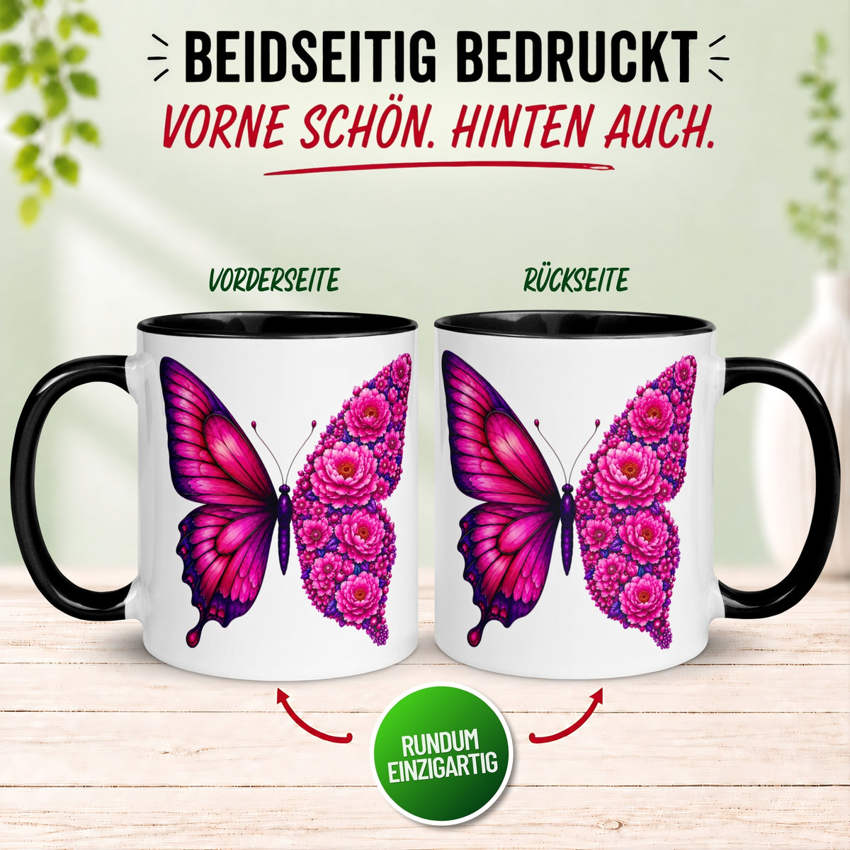 Tasse Schmetterling – „Pinkes Blütendesign“ – Geschenk mit Schmetterlingen