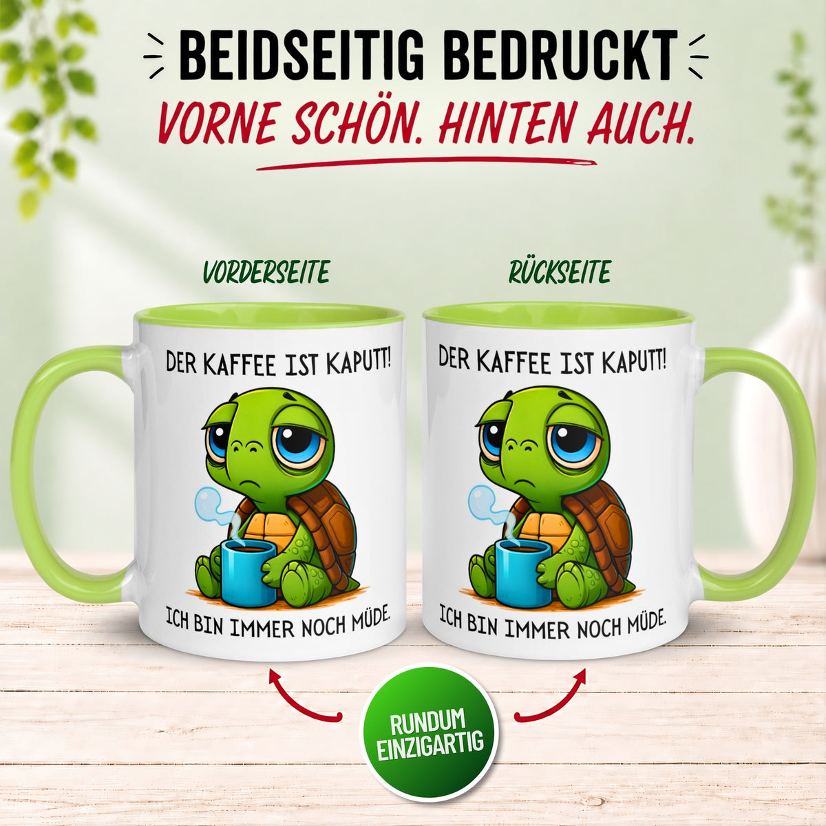 Tasse Schildkröte – „Der Kaffee ist kaputt“ – lustiges Morgenmuffel Geschenk