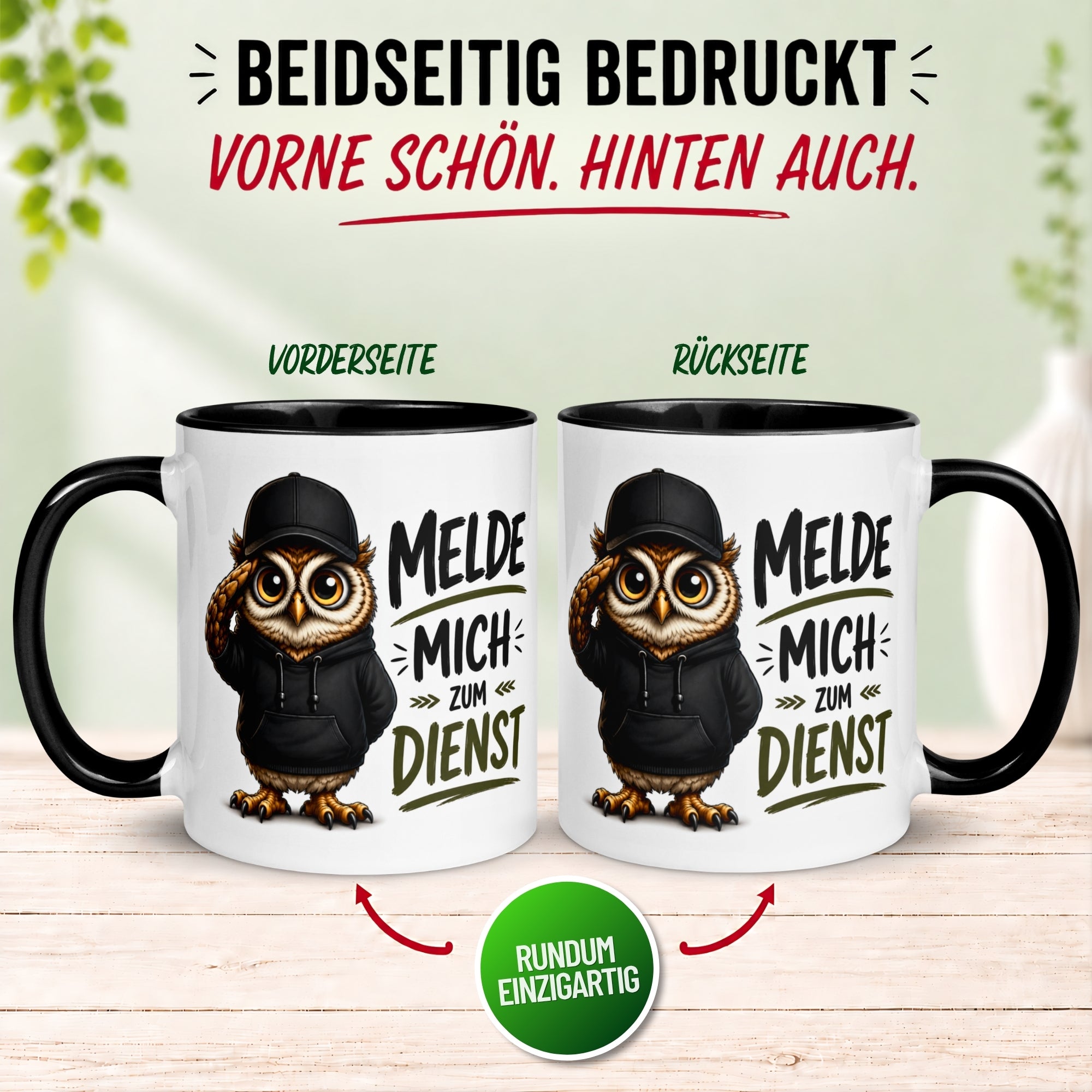 Tasse Eule – „Melde mich zum Dienst“ – lustiger Eulen Geschenk Becher für Morgenmuffel