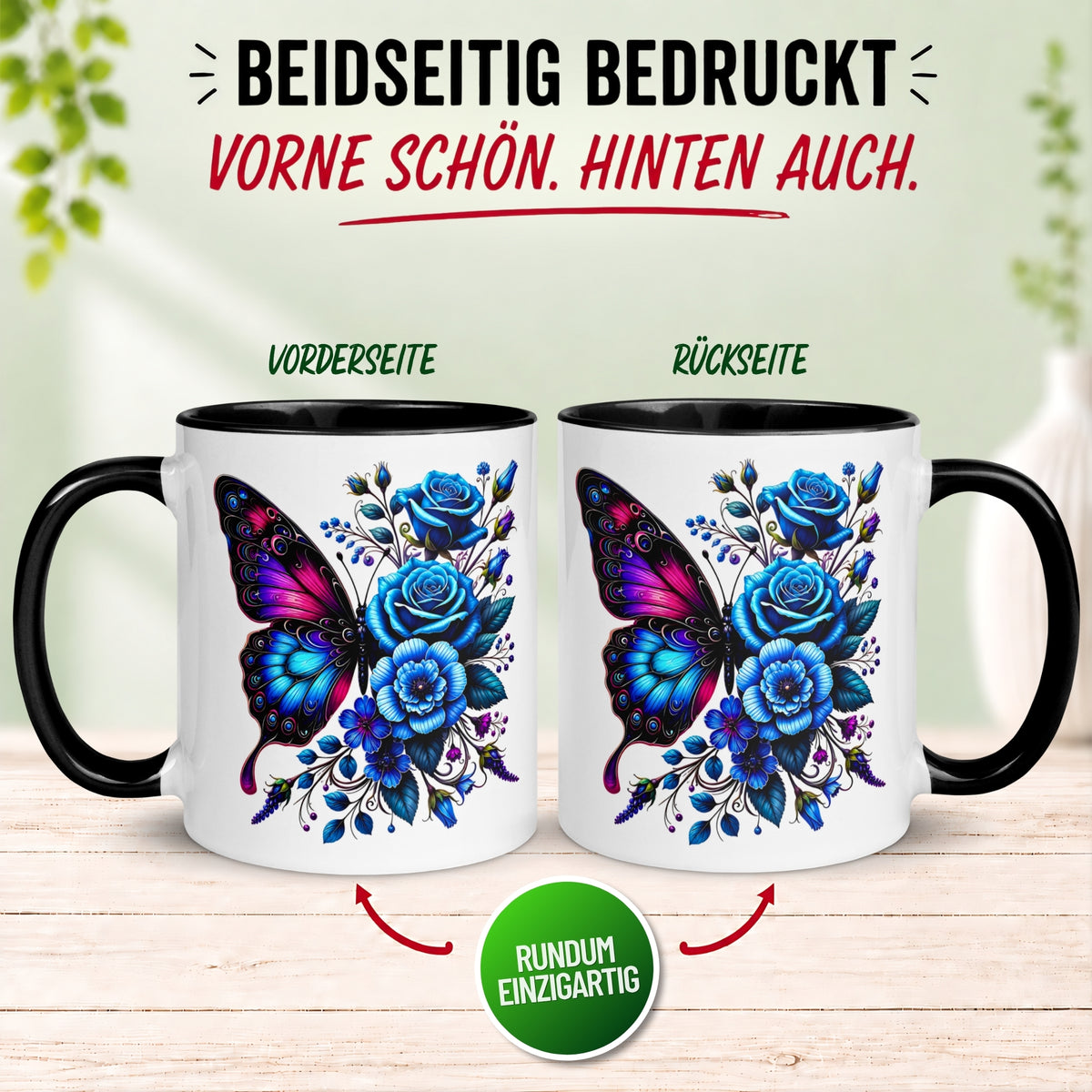 Tasse Schmetterling – „Blaues Blütendesign“ – Geschenk mit Schmetterlingen