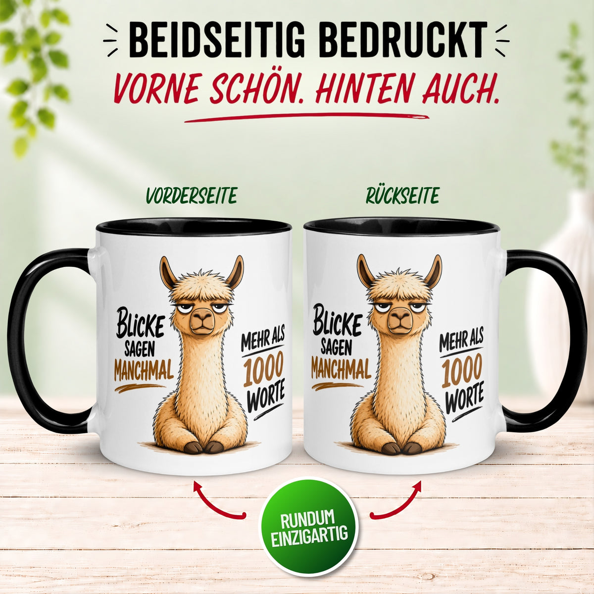 Tasse Alpaka – „Blicke sagen manchmal mehr als 1000 Worte“ – lustiger Geschenk Becher für Morgenmuffel