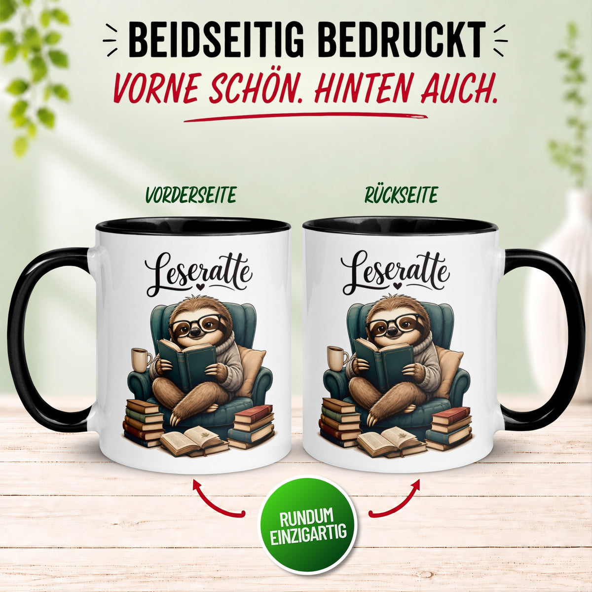 Tasse Faultier – „Sessel und Buch“ – lustiger Geschenk Becher für Leseratten