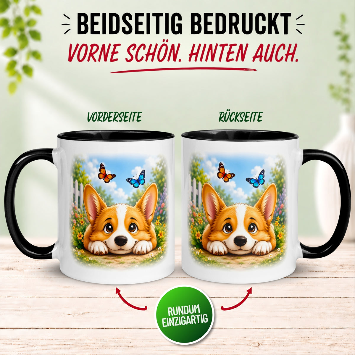 Tasse Hund – „Entspannte Schmetterlinge“ – lustiger Corgi Geschenk Becher