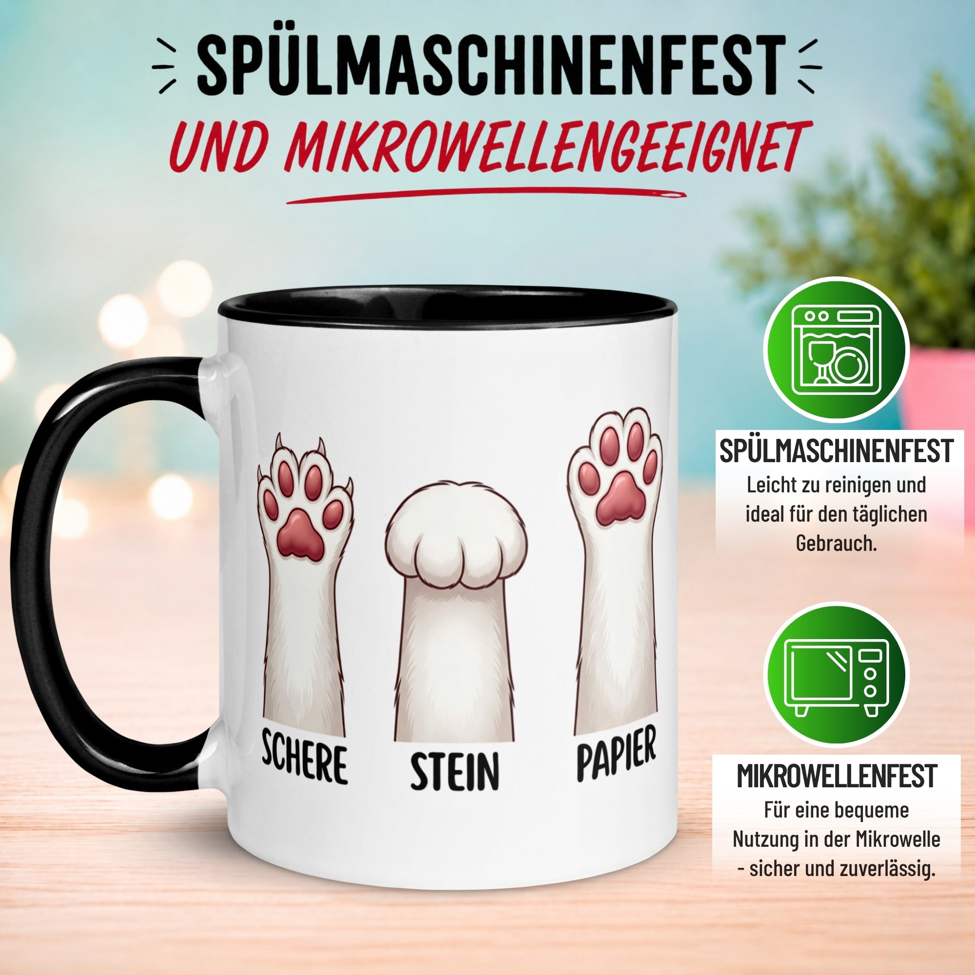 Tasse Katze – „Schere - Stein - Papier“ – lustiger Katzen Geschenk Becher