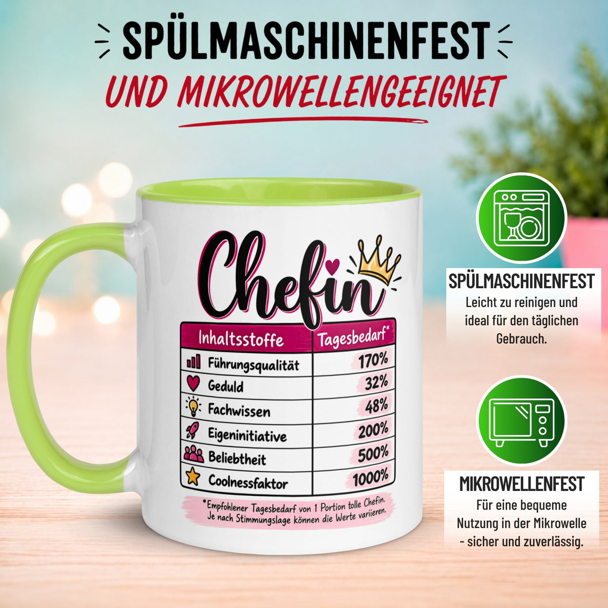Tasse Chefin – „Inhaltsstoffe - Führungsqualität und Coolness“ – Geschenk Beste Chefin