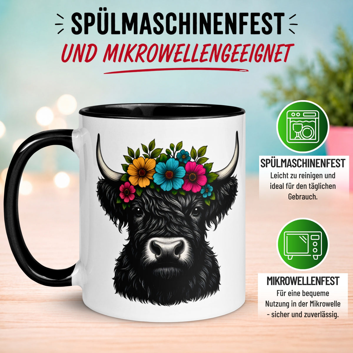 Tasse Kuh – „Highland Rind mit Blumenkranz“ – Geschenk Becher für Rinder Fans