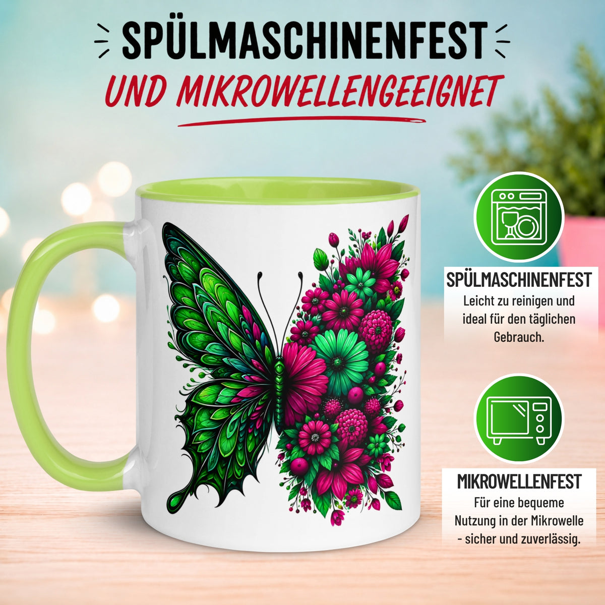 Tasse Schmetterling – „Blütendesign in Smaragdgrün“ – Geschenk mit Schmetterlingen