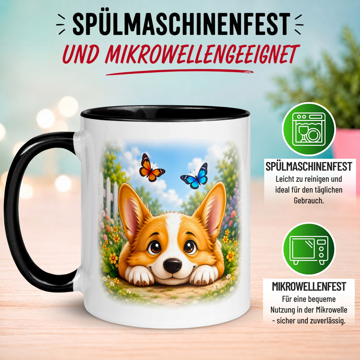 Tasse Hund – „Entspannte Schmetterlinge“ – lustiger Corgi Geschenk Becher