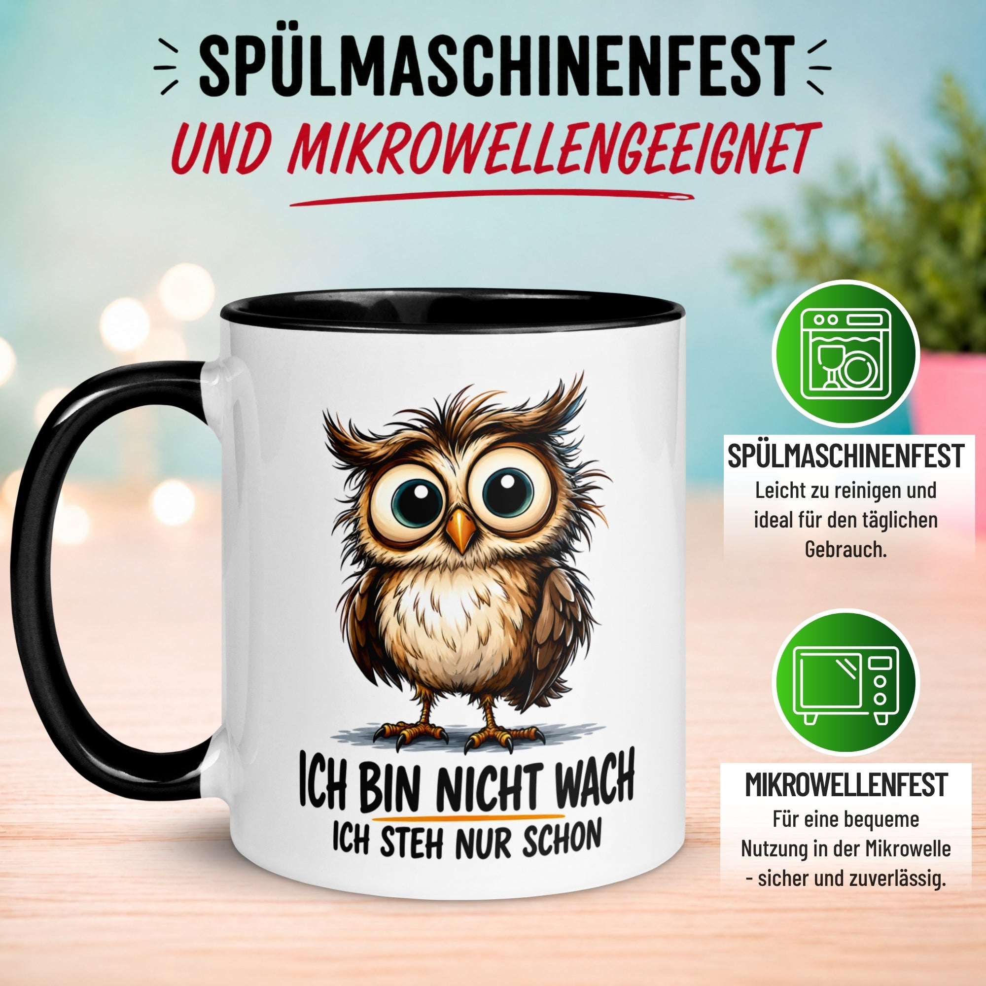 Tasse Eule – „Ich bin nicht wach“ – lustiger Eulen Geschenk Becher für Morgenmuffel