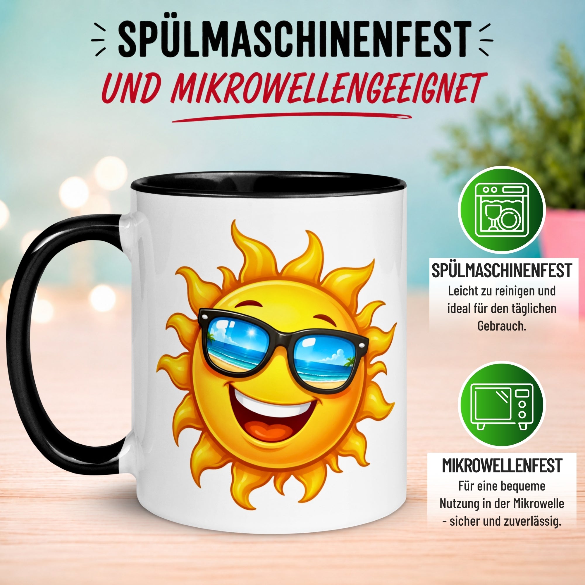 Tasse Guten Morgen – „Strahlende Sonne mit Sonnenbrille“ – Morgenmuffel Geschenk