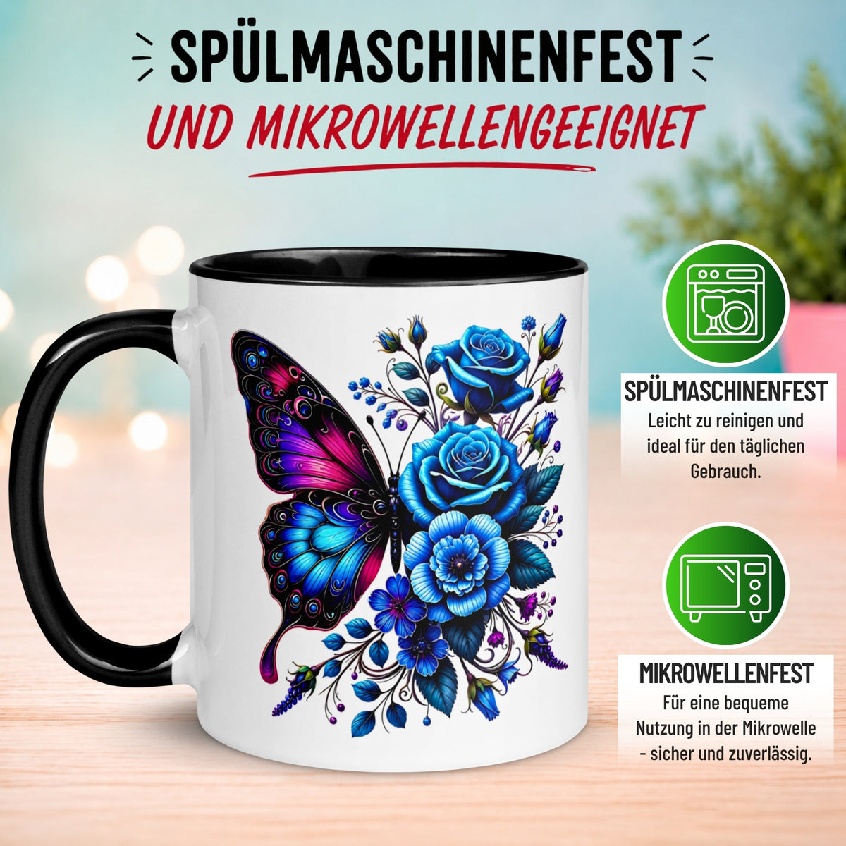 Tasse Schmetterling – „Blaues Blütendesign“ – Geschenk mit Schmetterlingen