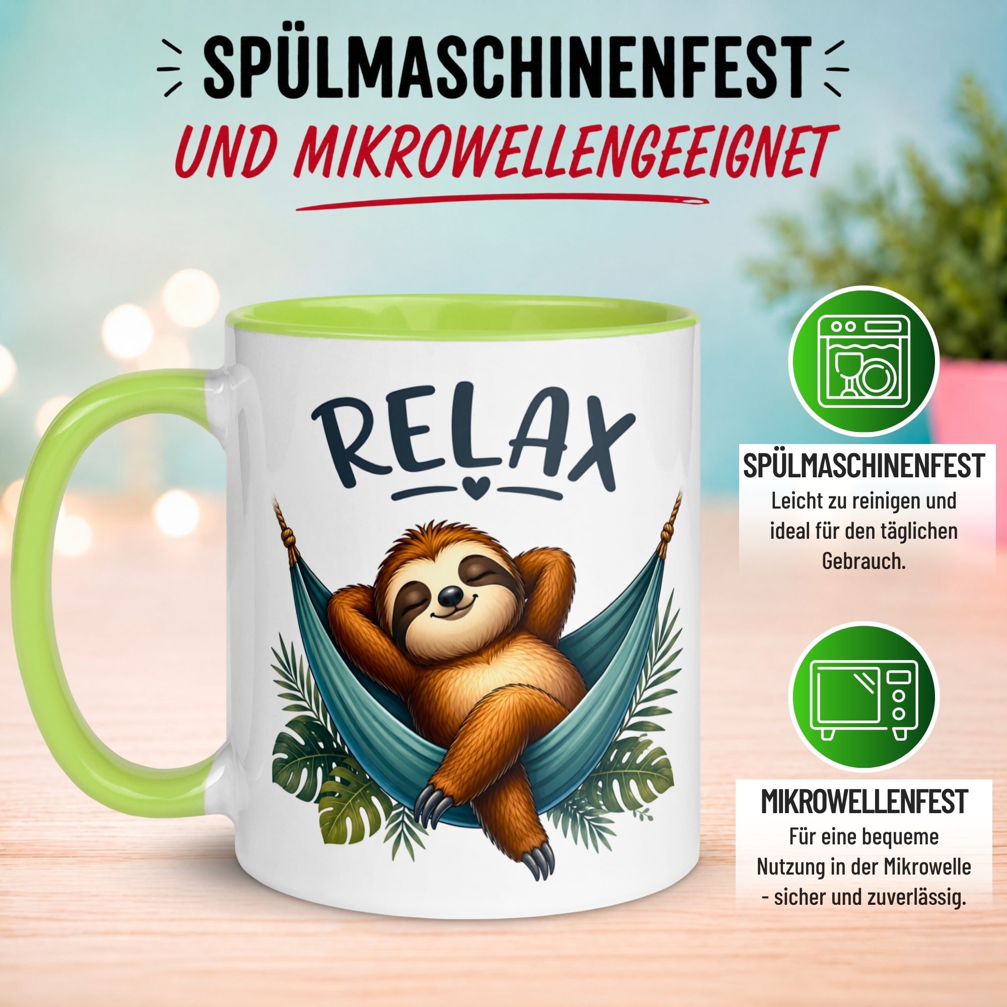 Tasse Faultier – „RELAX“ – lustiger Anti Stress Geschenk Becher zur Meditation
