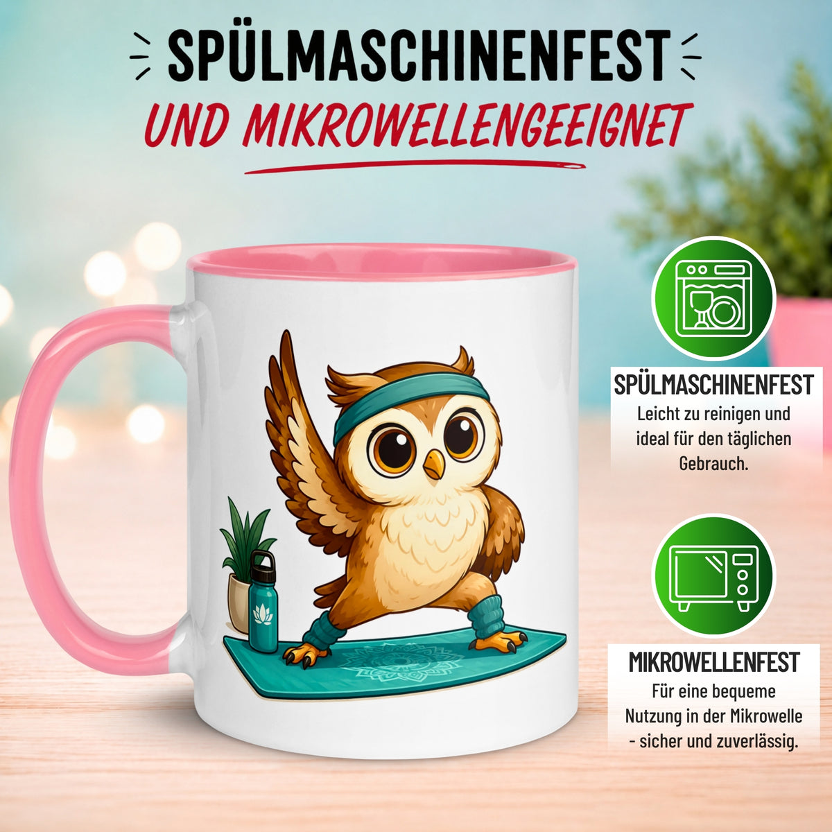 Tasse Eule – „Yoga Eule“ – lustiger Eulen Geschenk Becher für Fitness/Sport Fans