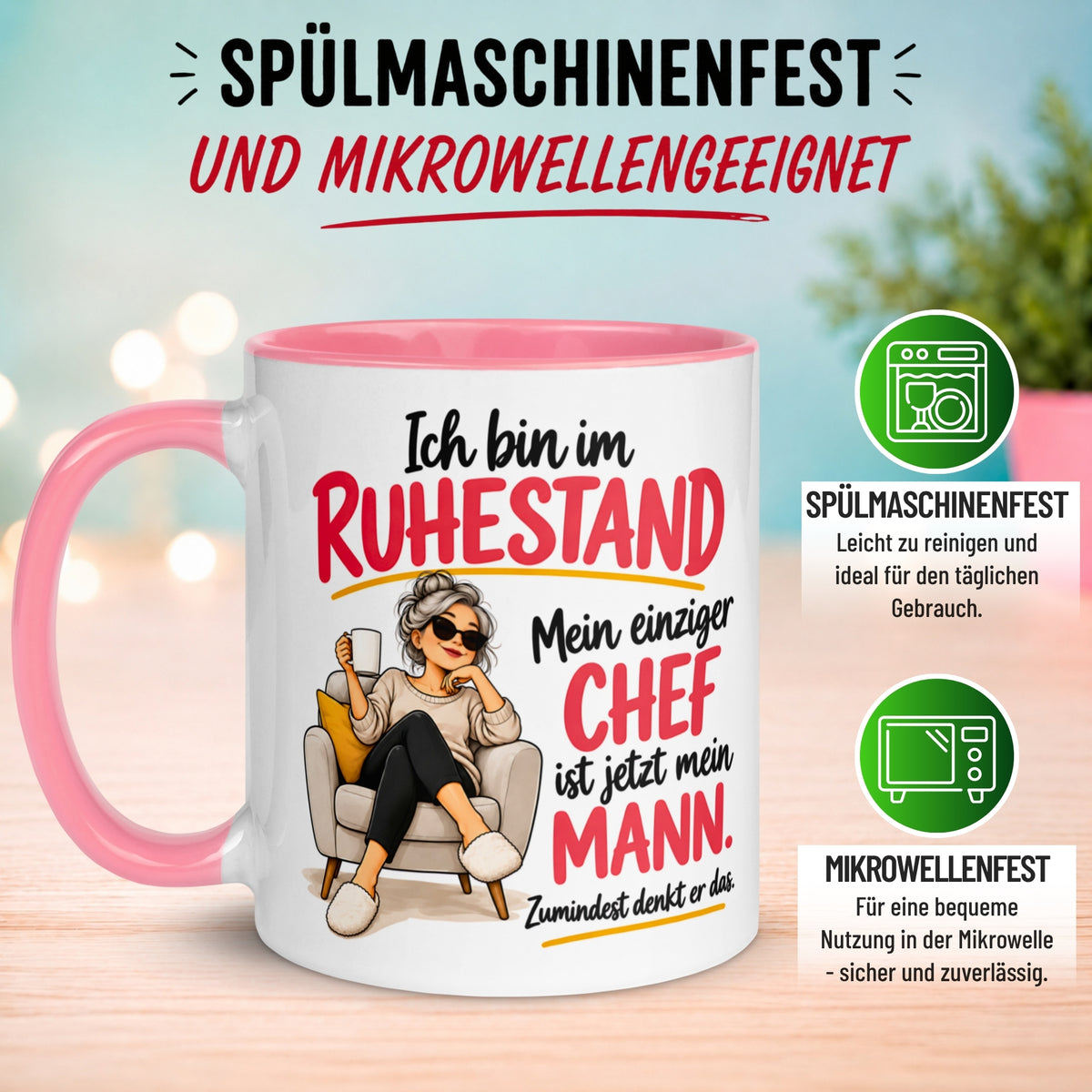 Tasse Rentnerin – „Mein einziger Chef ist jetzt mein Mann“ – Geschenk Ruhestand Frau