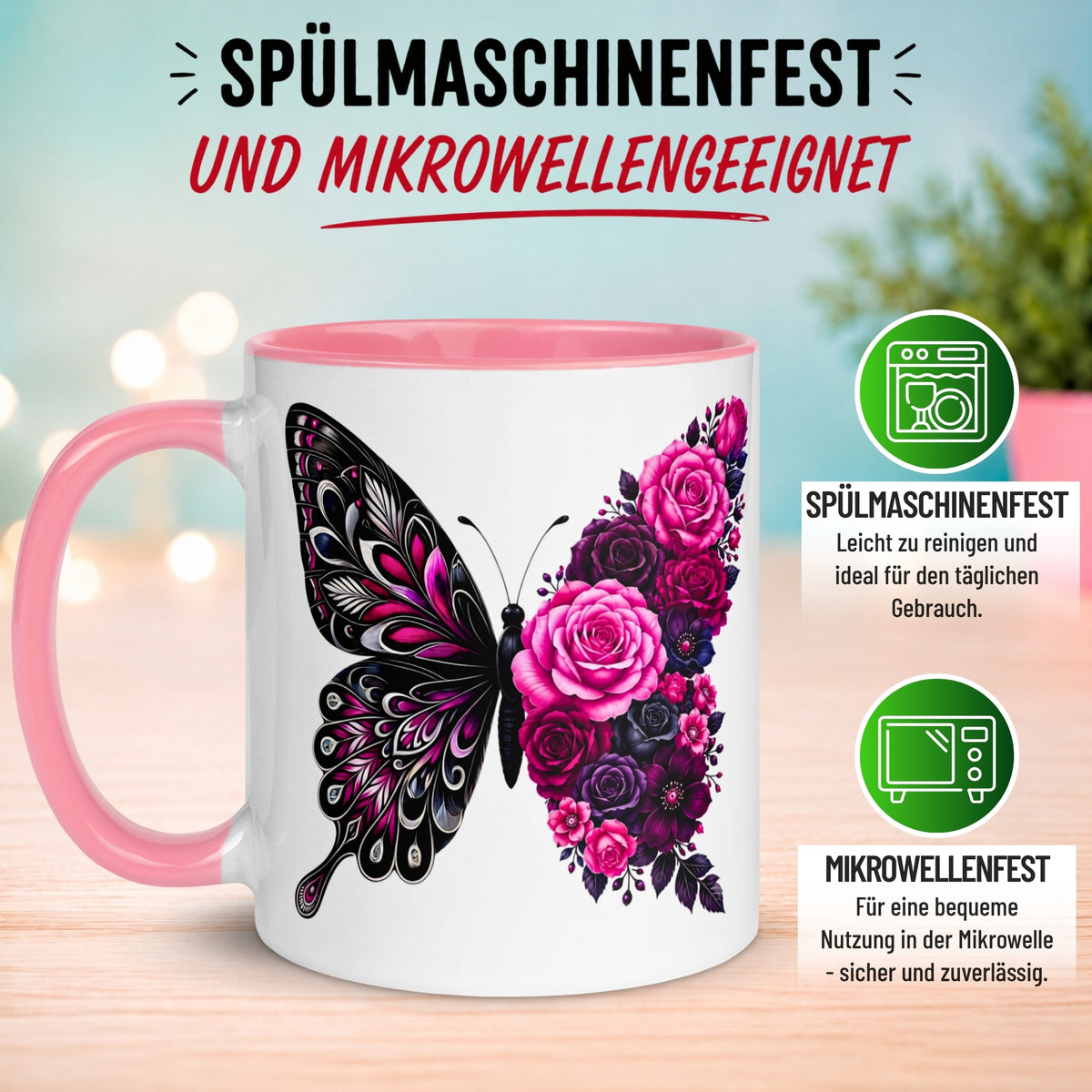 Tasse Schmetterling – „Schwarzes Blütendesign“ – Geschenk mit Schmetterlingen