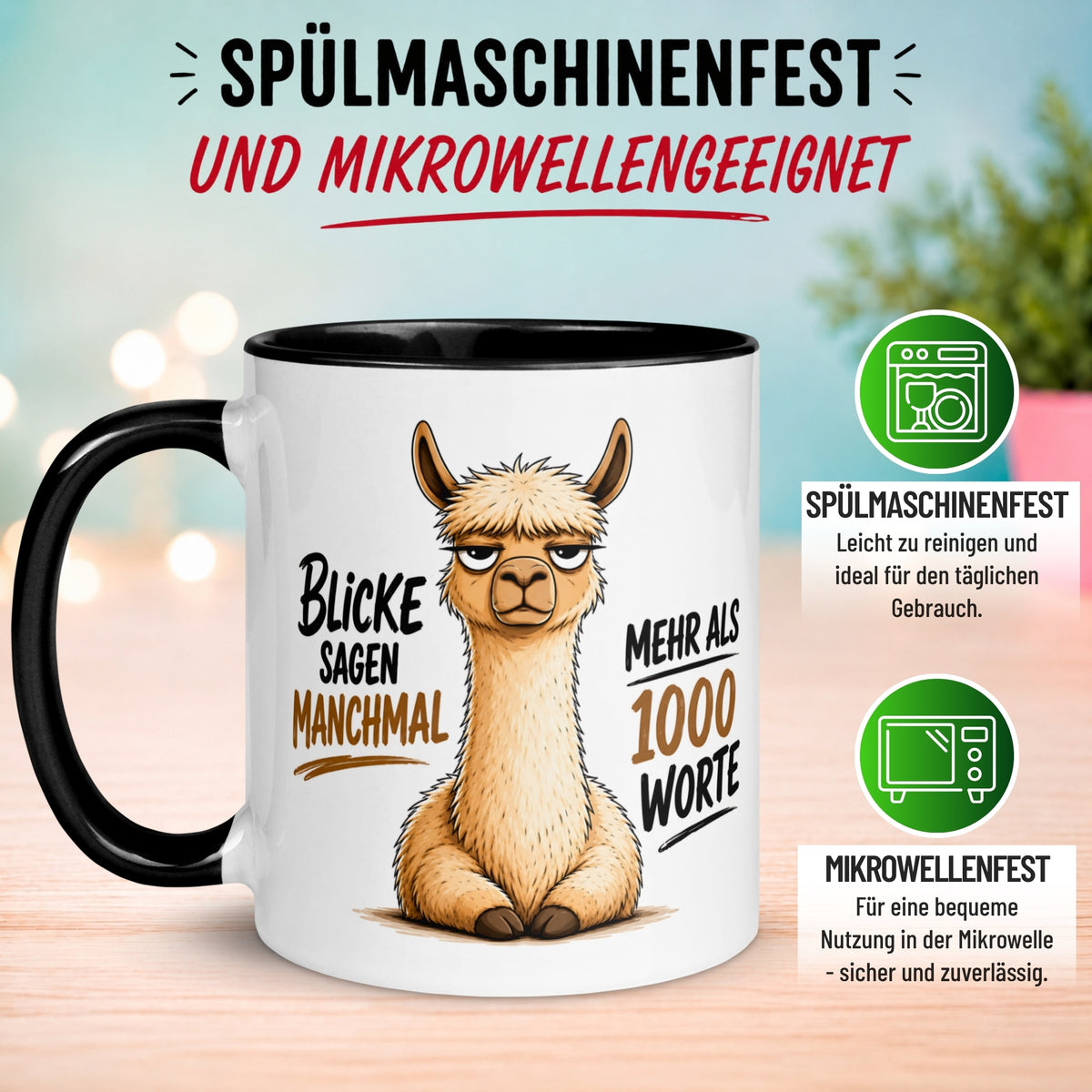 Tasse Alpaka – „Blicke sagen manchmal mehr als 1000 Worte“ – lustiger Geschenk Becher für Morgenmuffel