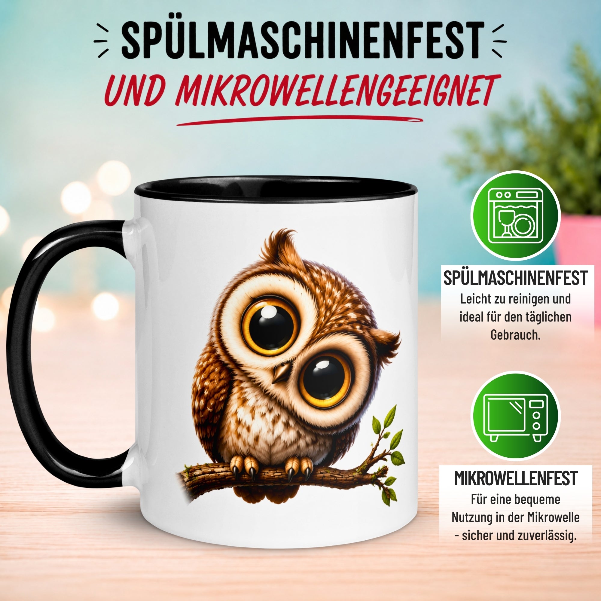 Tasse Eule – „Eule mit großen Augen“ – lustiger Eulen Geschenk Becher