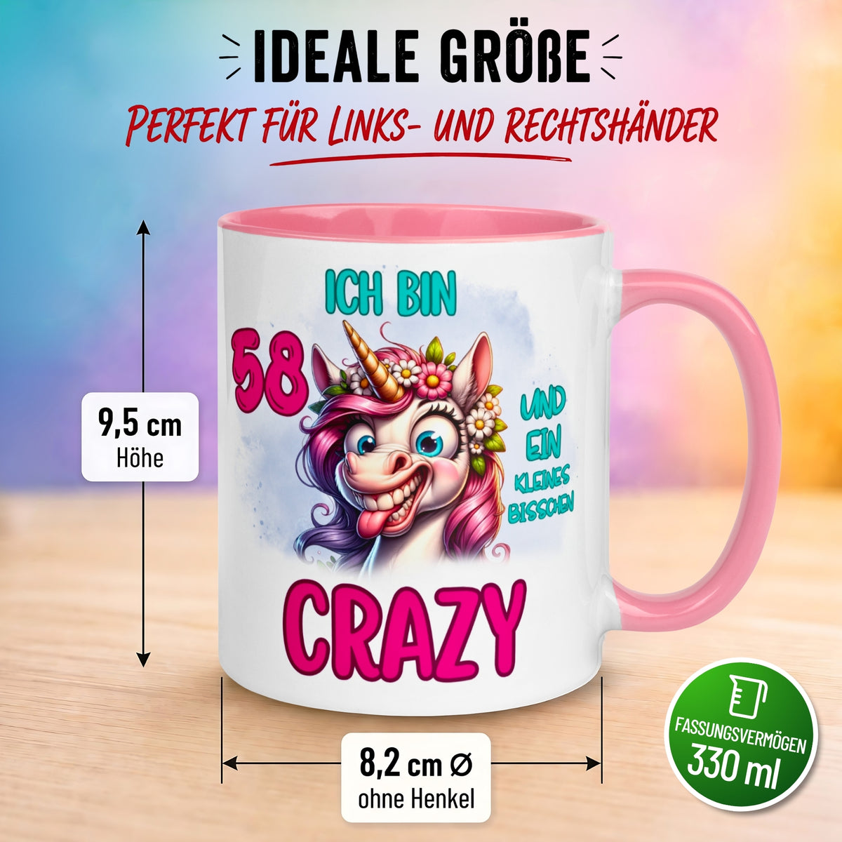 Tasse 58. Geburtstag Frau – „Ich bin 58 und ein kleines bisschen Crazy“ – Geschenk zum Geburtstag Frauen