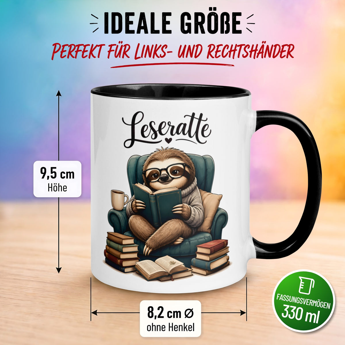 Tasse Faultier – „Sessel und Buch“ – lustiger Geschenk Becher für Leseratten