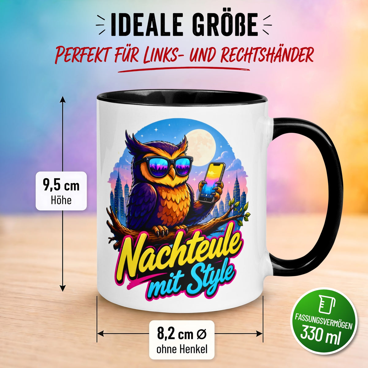Tasse Eule – „Nachteule mit Style“ – lustiger Eulen Geschenk Becher für Nachtschwärmer