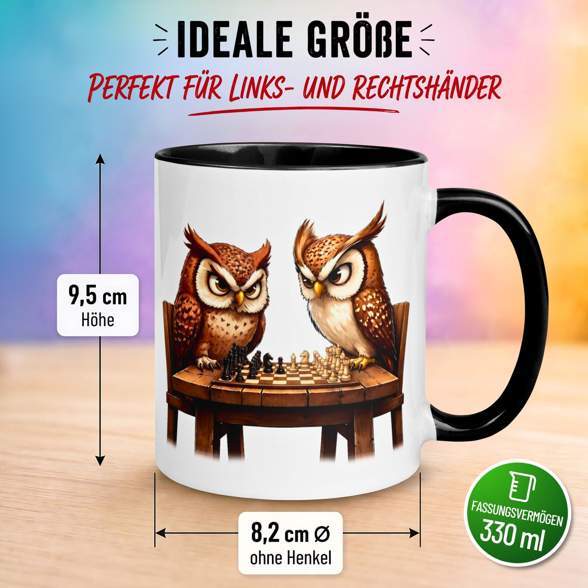 Tasse Eule – „Schachduell“ – lustiger Eulen Geschenk Becher für Schachspieler