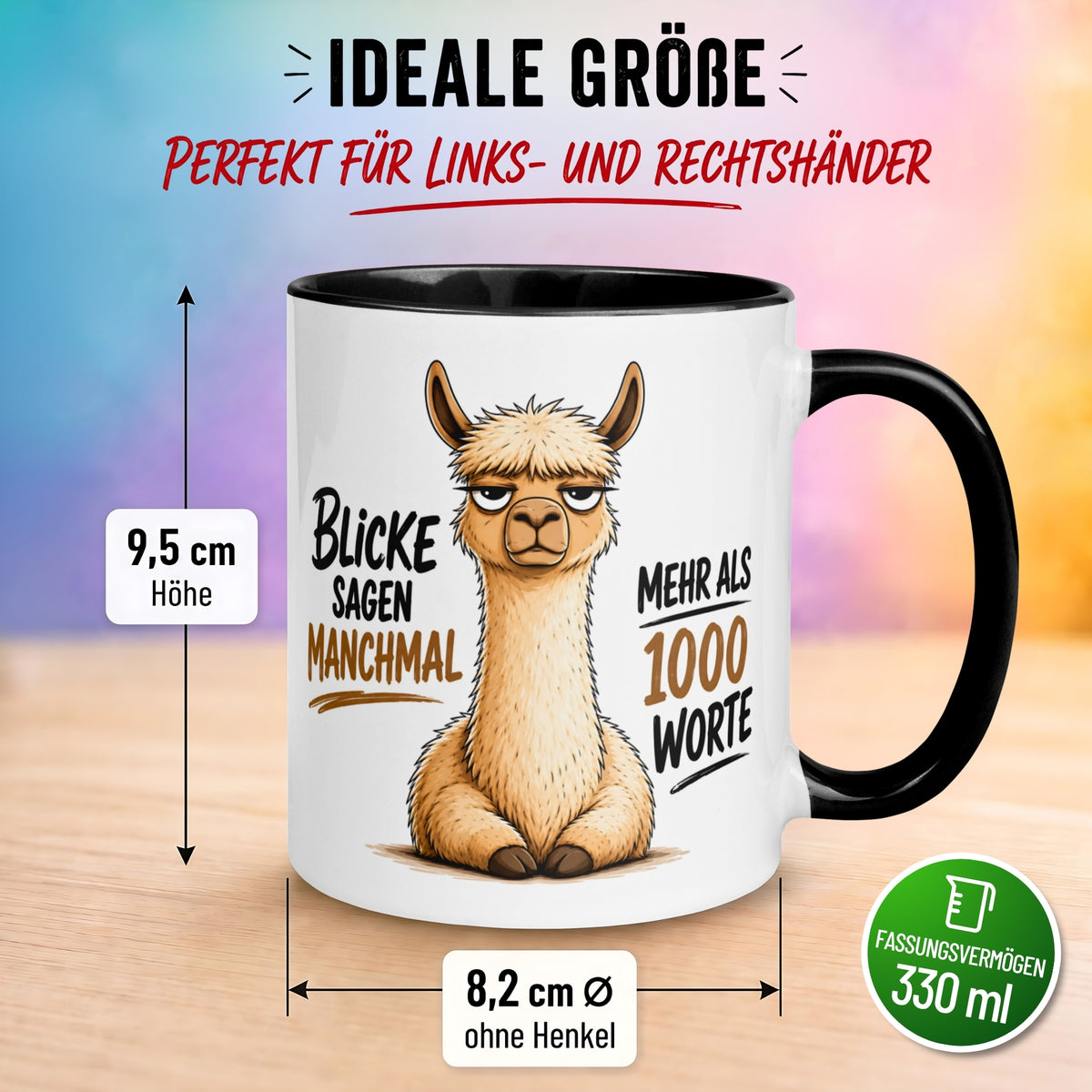 Tasse Alpaka – „Blicke sagen manchmal mehr als 1000 Worte“ – lustiger Geschenk Becher für Morgenmuffel