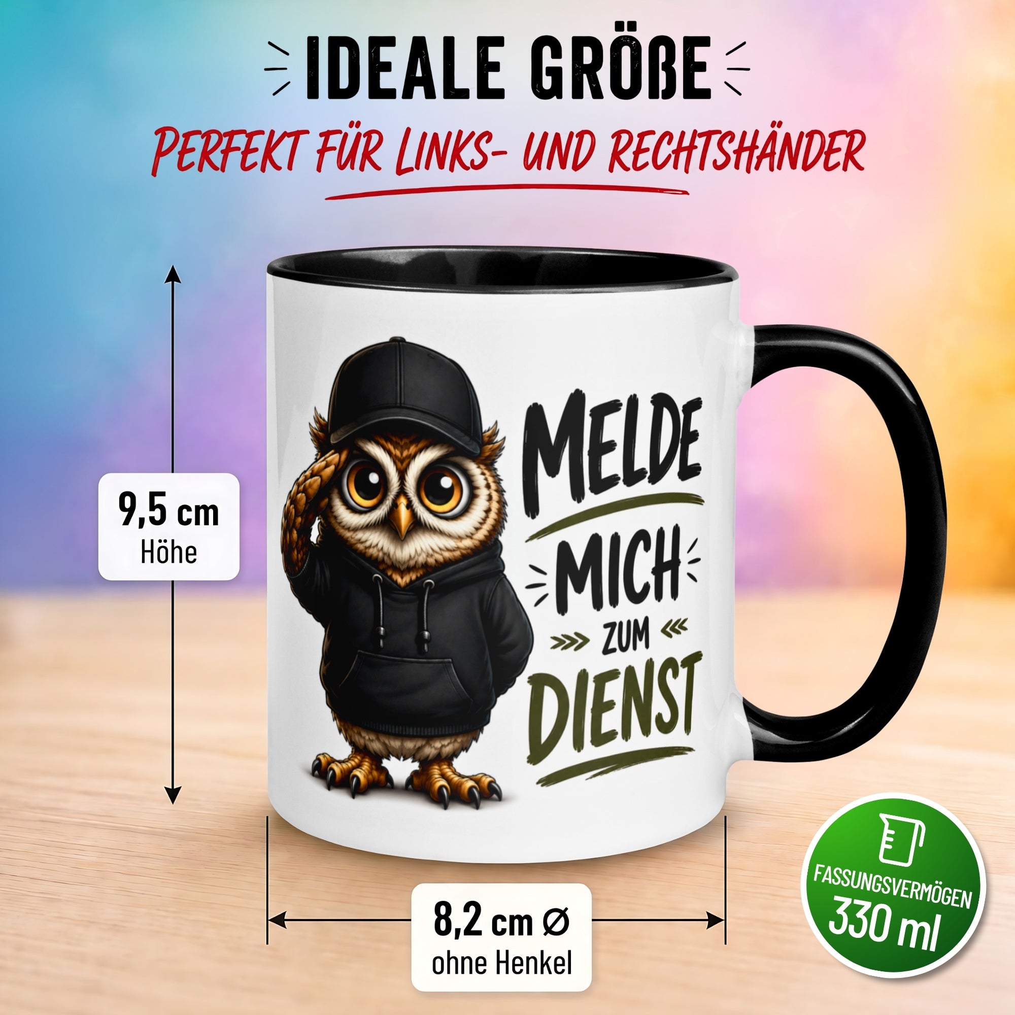 Tasse Eule – „Melde mich zum Dienst“ – lustiger Eulen Geschenk Becher für Morgenmuffel