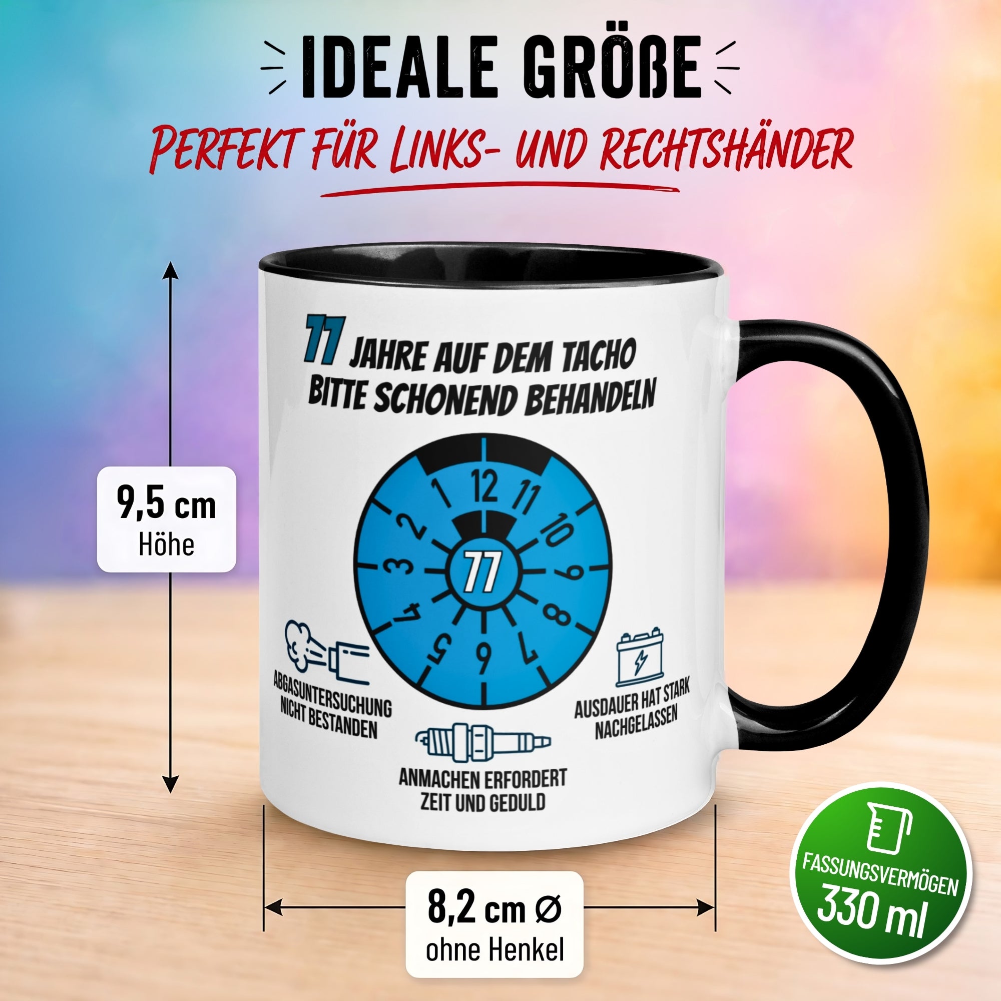 Tasse 77. Geburtstag Mann – „77 Jahre auf dem Tacho - Schonend Behandeln“ – Geschenk zum Geburtstag für Männer