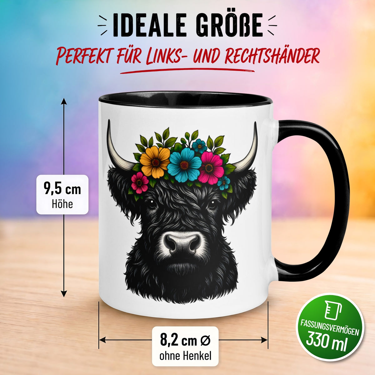 Tasse Kuh – „Highland Rind mit Blumenkranz“ – Geschenk Becher für Rinder Fans
