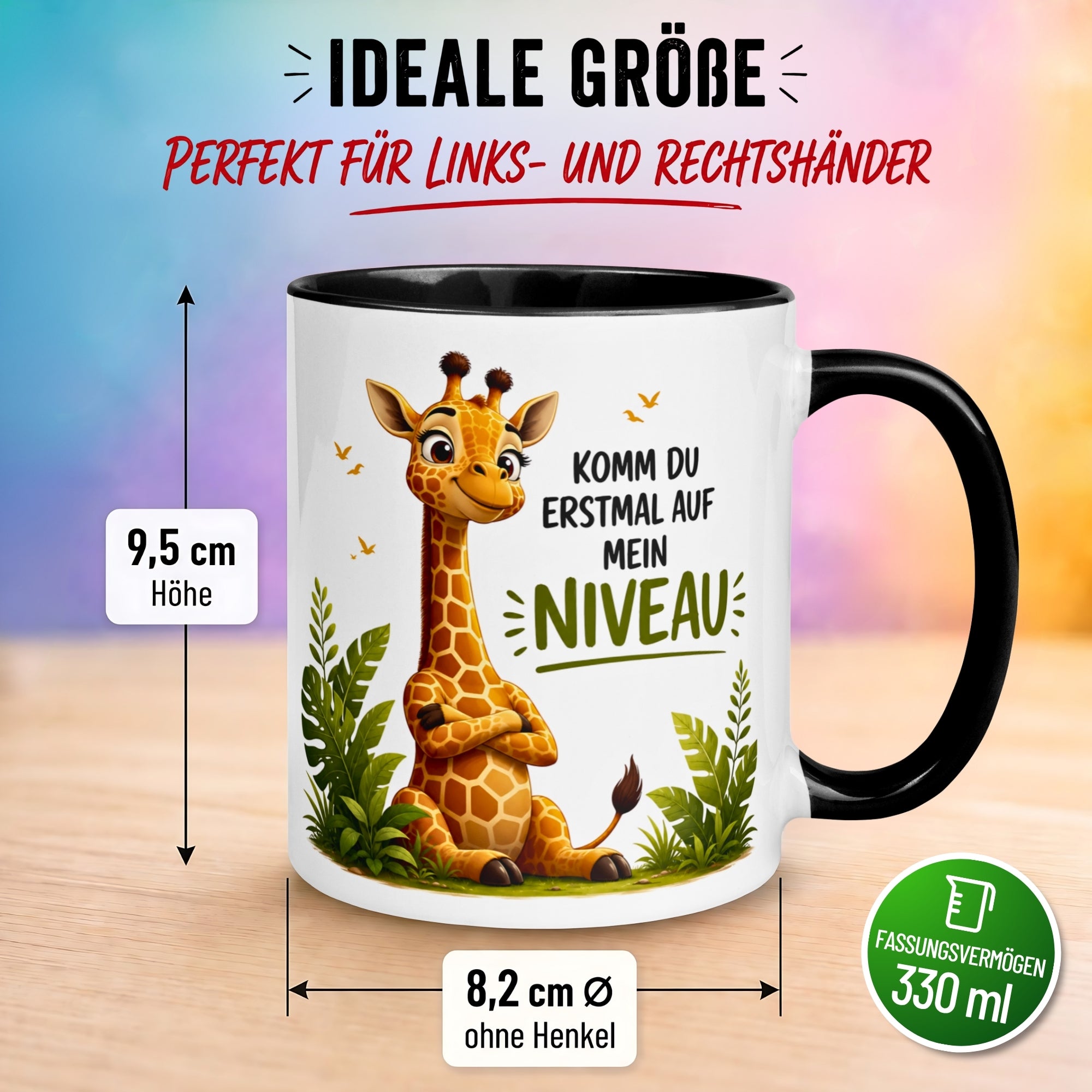 Tasse Giraffe – „Komm du erstmal auf mein Niveau“ – lustiger Giraffen Geschenk Becher