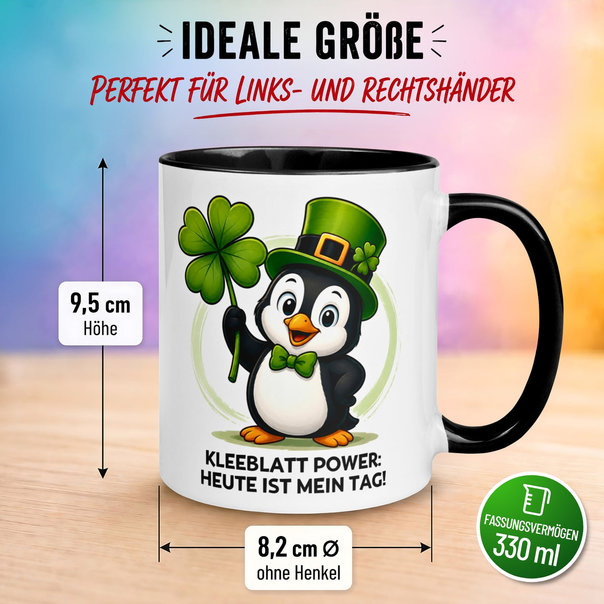 Tasse Pinguin – „Kleeblatt Power - Heute ist mein Tag“ – lustiger Geschenk Becher