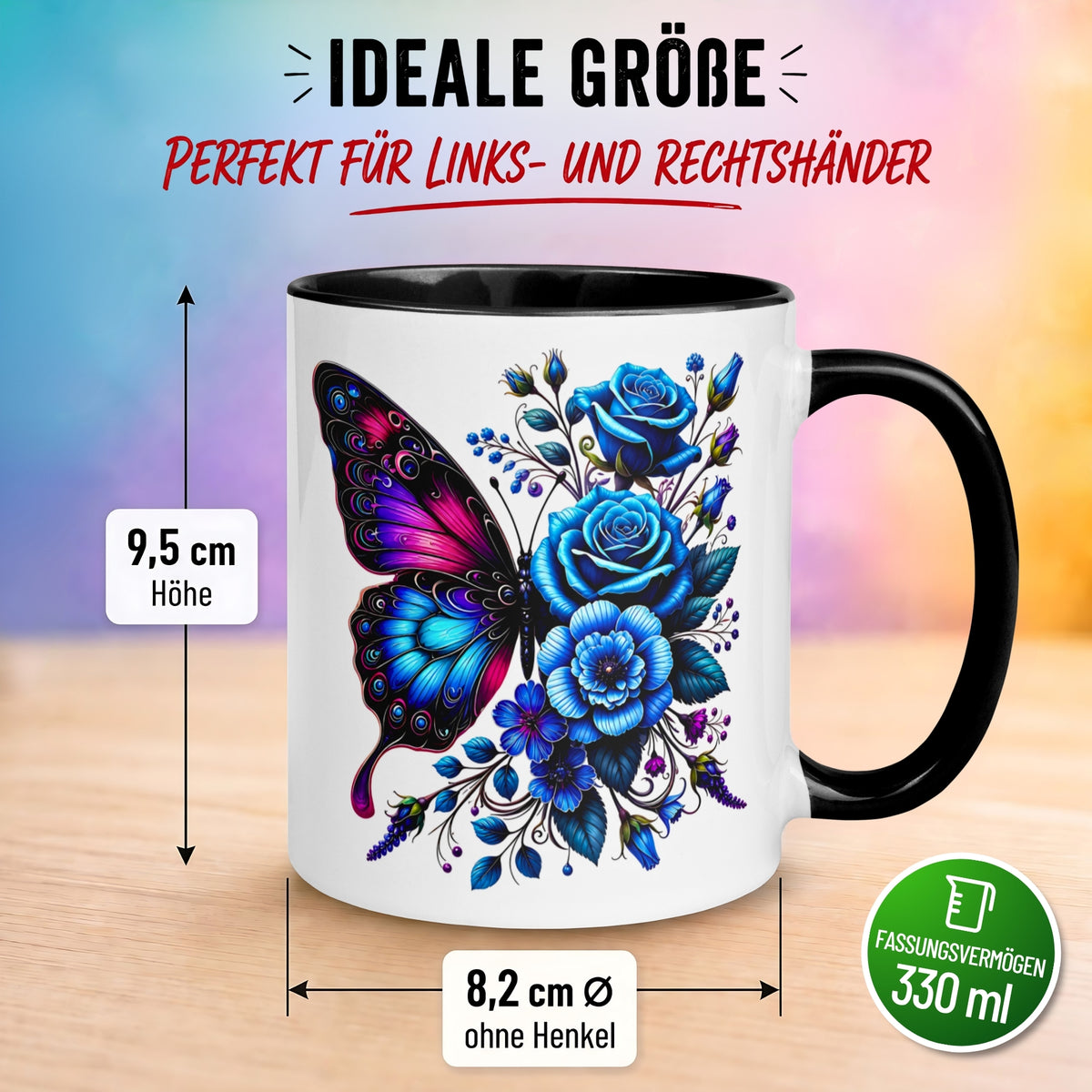 Tasse Schmetterling – „Blaues Blütendesign“ – Geschenk mit Schmetterlingen