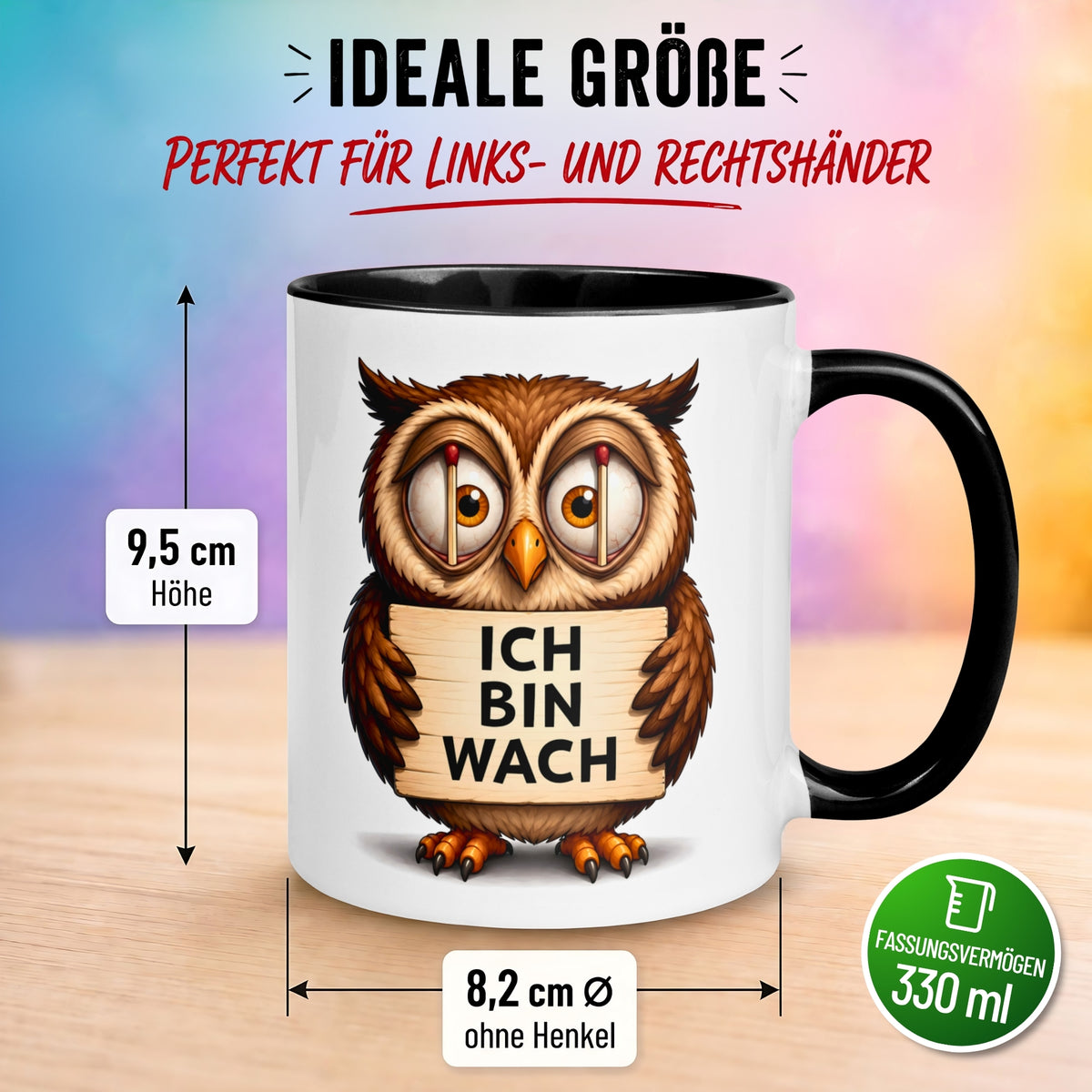 Tasse Eule – „Ich bin wach“ – lustiger Eulen Geschenk Becher für Morgenmuffel